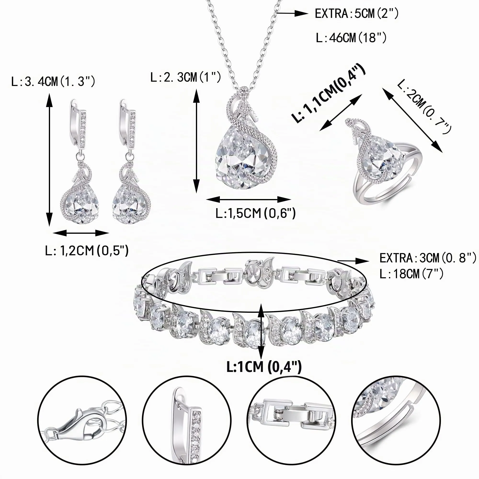 EVER FAITH Set di Gioielli Goccia Zirconia Cubica per Sposa e Damigella d'Onore - Collana, Orecchini, Bracciale Tennis e Anello Aperto, Argento Fondo Trasparente - immagine 5