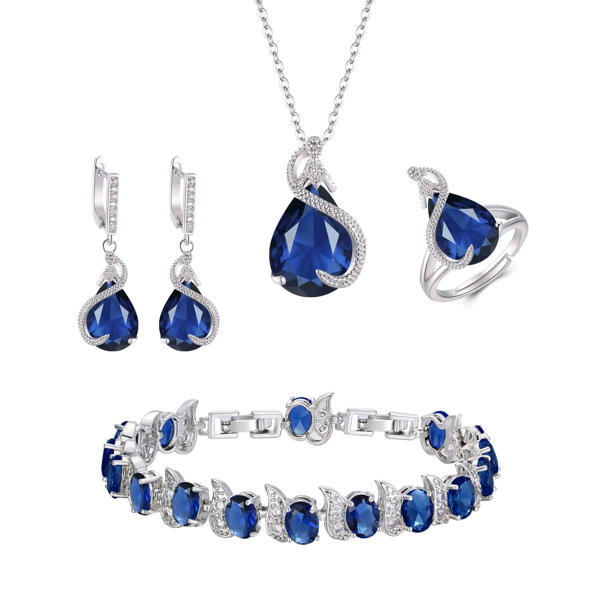 Ever Faith Set di gioielli in zirconia cubica con zaffiro, collana, orecchini, bracciale e anello, Blu Argento - immagine 1