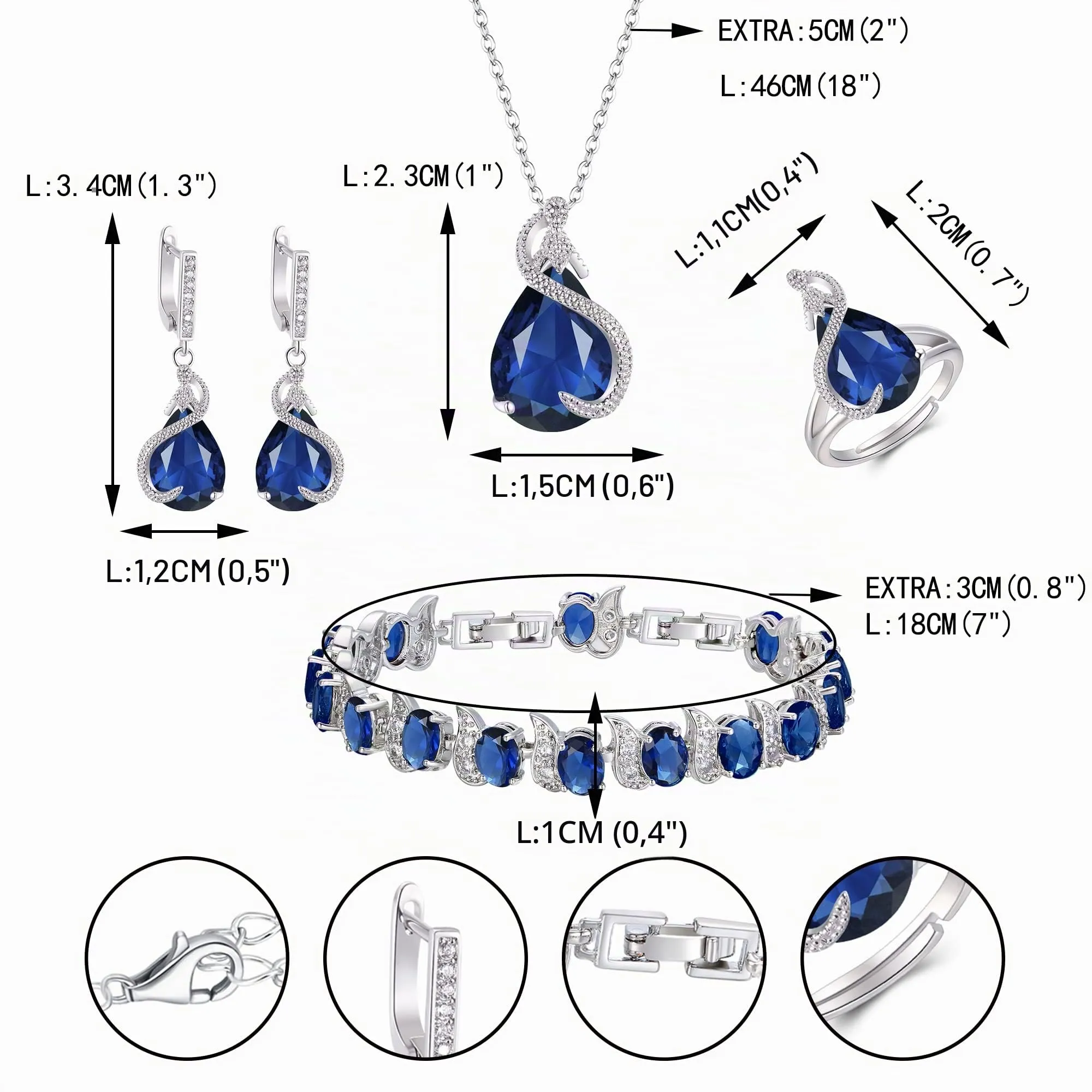 Ever Faith Set di gioielli in zirconia cubica con zaffiro, collana, orecchini, bracciale e anello, Blu Argento - immagine 5