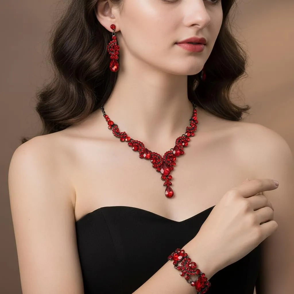 Ever Faith Set di Gioielli con Cristalli Rhinestone, Collana, Bracciale e Orecchini, Design Art Deco Floreale - immagine 3