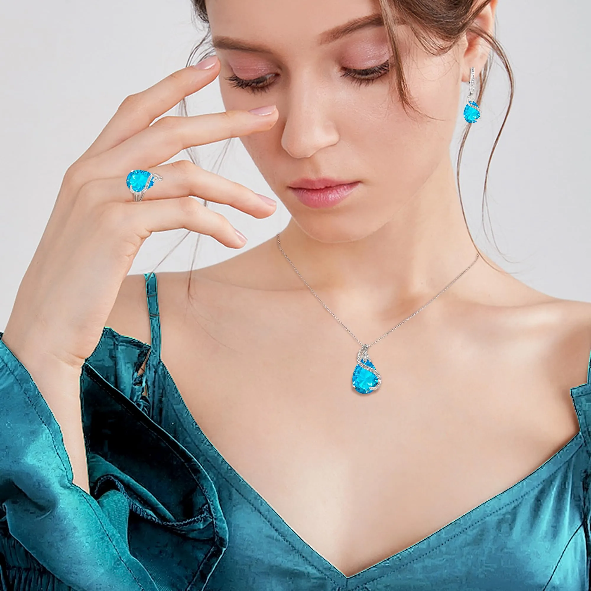EVER FAITH Set di gioielli da sposa con Smeraldo e Zirconia Cubica, Collana Orecchini Bracciale e Anello - immagine 4