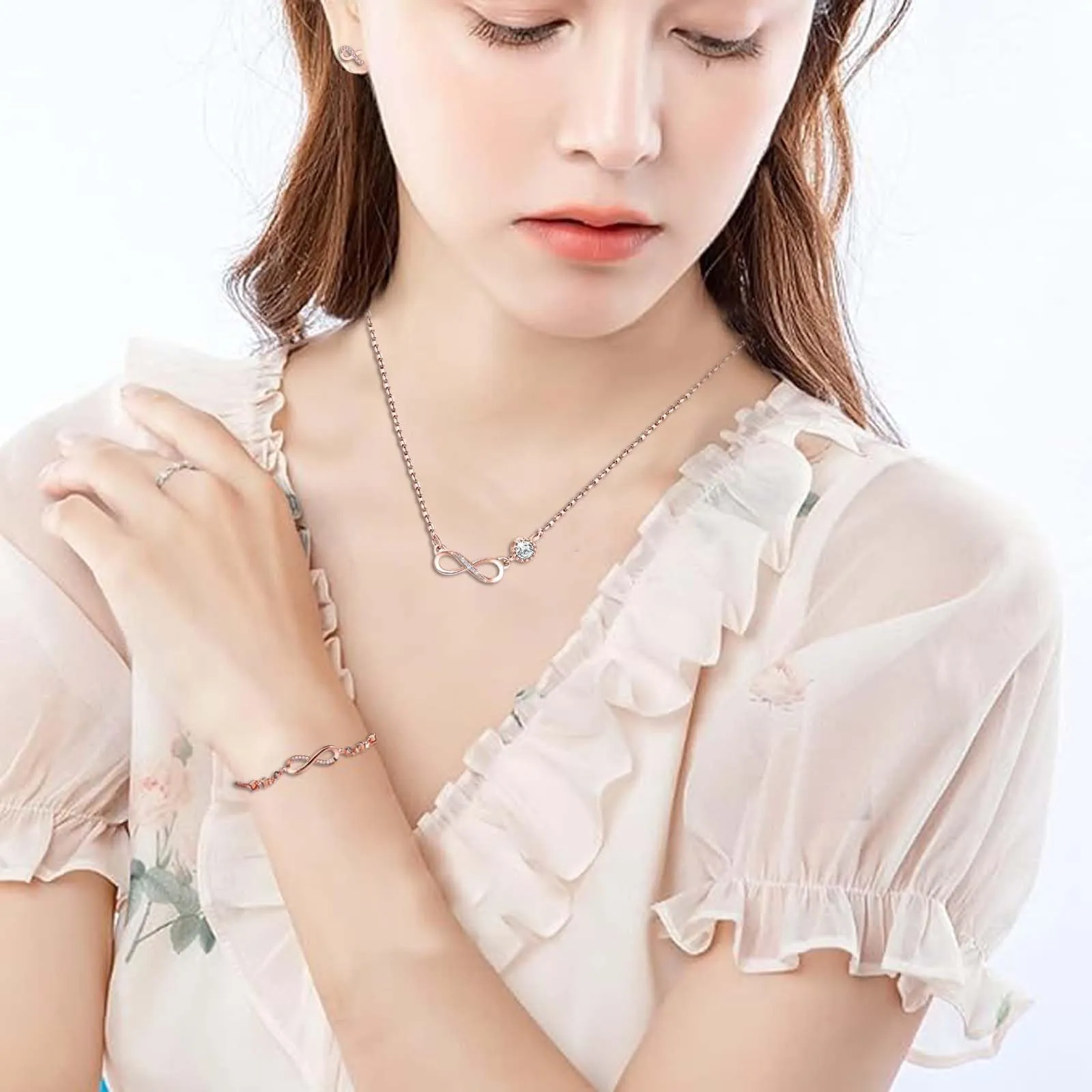 Bcenoilua Parure di Gioielli da Donna con Simbolo Infinito in Argento 925 e Zirconi, Set Collana, Bracciale e Orecchini - immagine 2