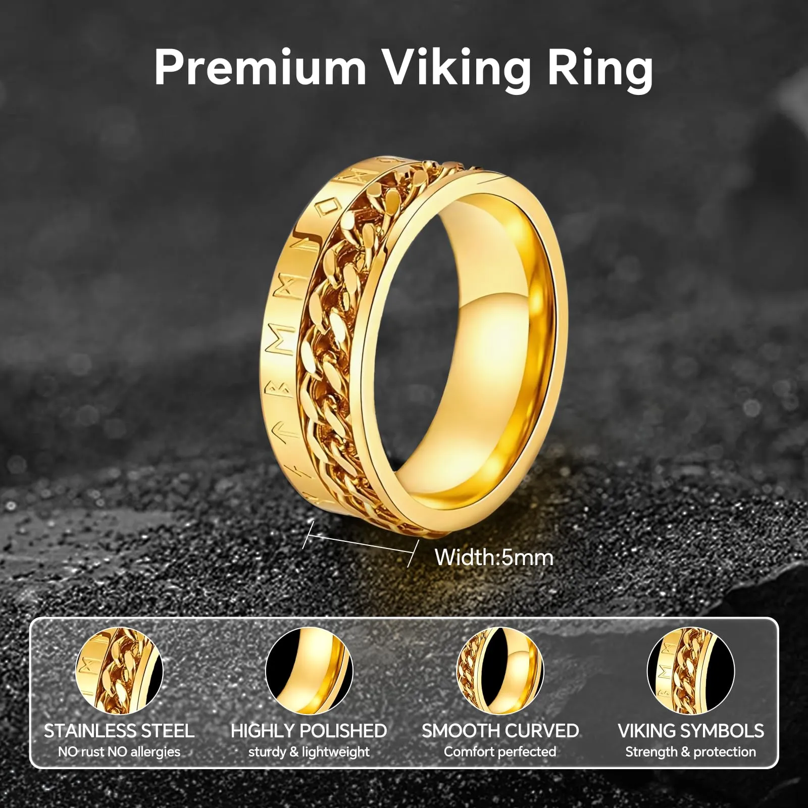 MERTTURM Anello Antistress Uomo in Acciaio Inossidabile con Rune Vichinghe, Rotabile - immagine 4