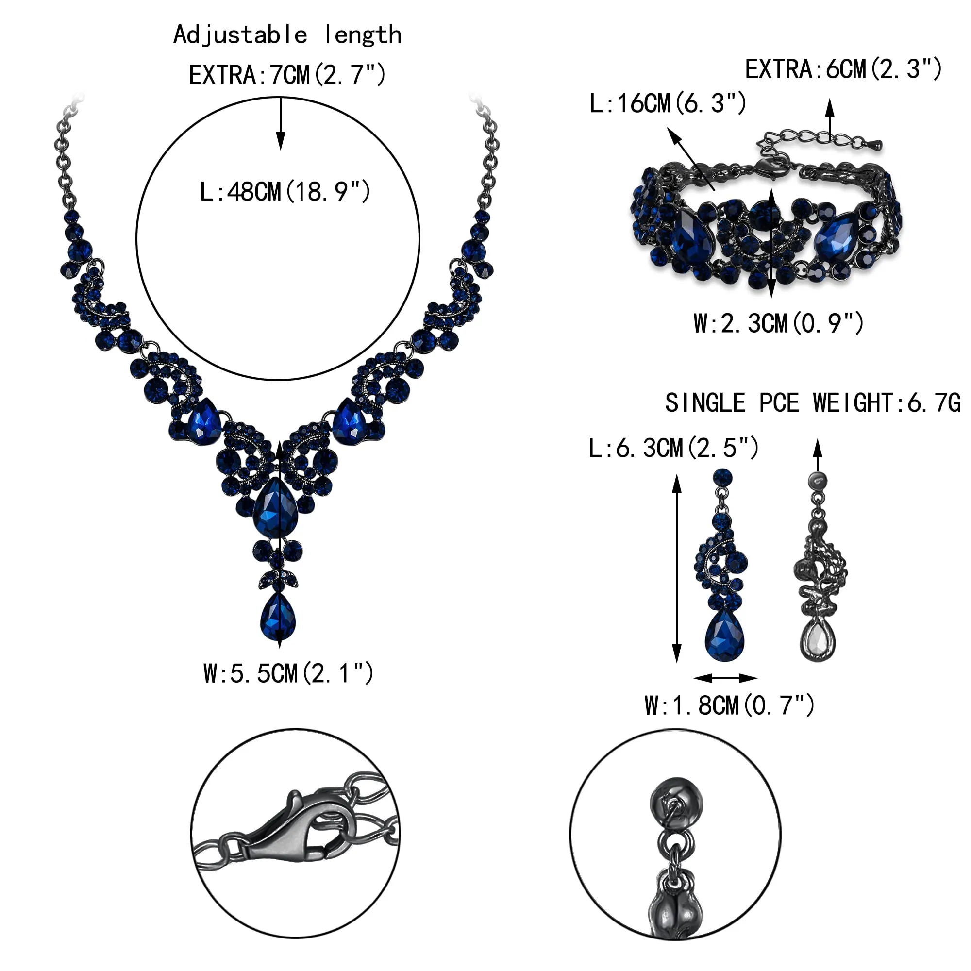 EVER FAITH Set di Gioielli Art Deco Floreale con Cristallo Austriaco, Collana, Bracciale, Anello e Orecchini, Blu Nero-Fondo - immagine 4
