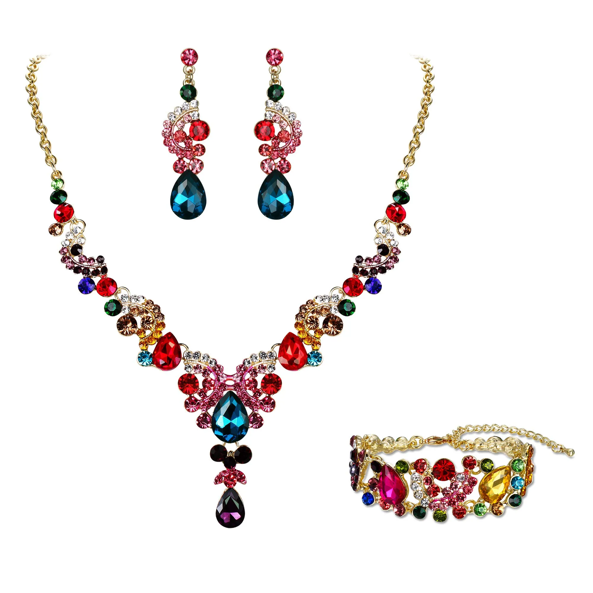 EVER FAITH Set di Gioielli con Cristalli Art Deco Floreale, Collana, Bracciale, Anello e Orecchini, Multicolore Oro-Fondo - immagine 1