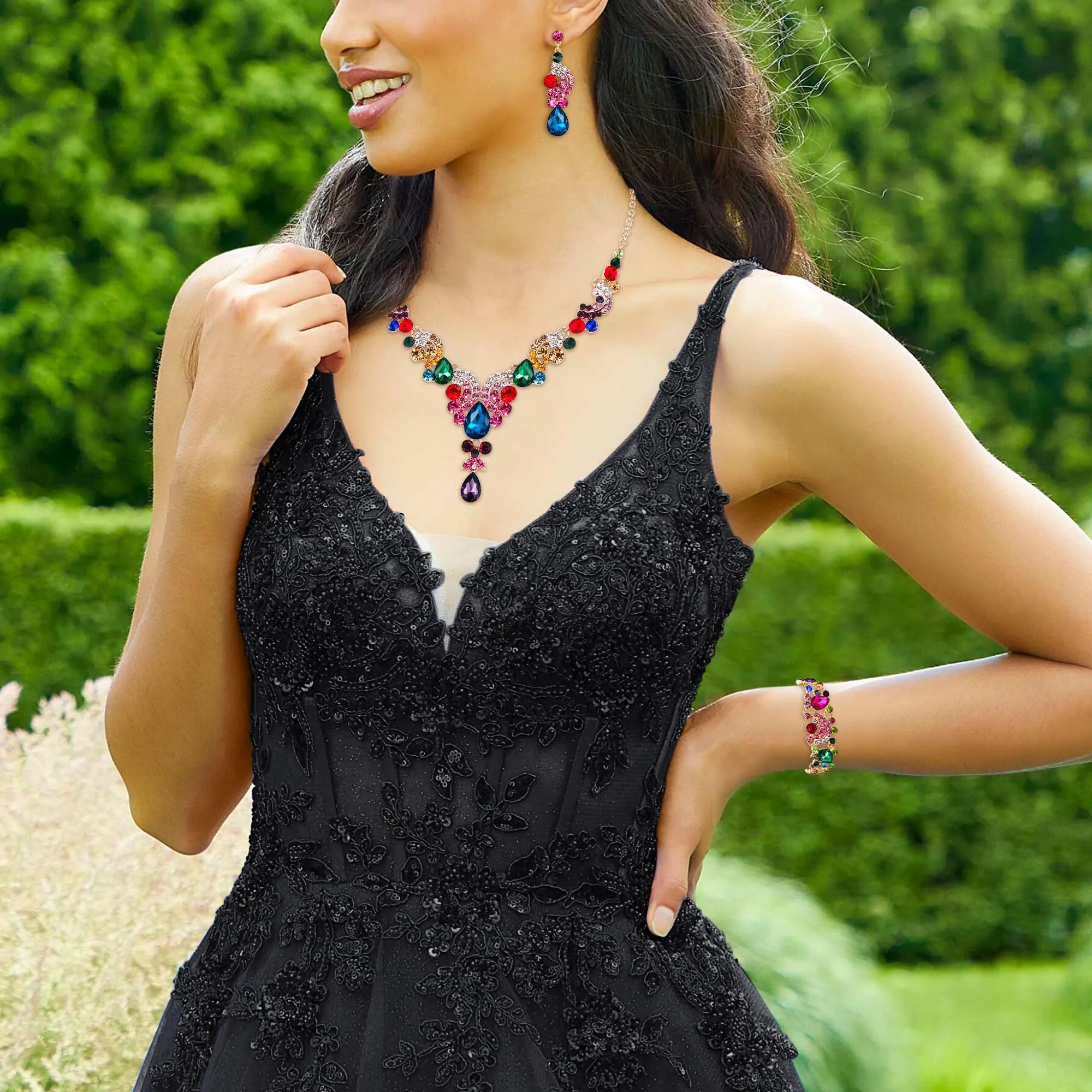 EVER FAITH Set di Gioielli con Cristalli Art Deco Floreale, Collana, Bracciale, Anello e Orecchini, Multicolore Oro-Fondo - immagine 2