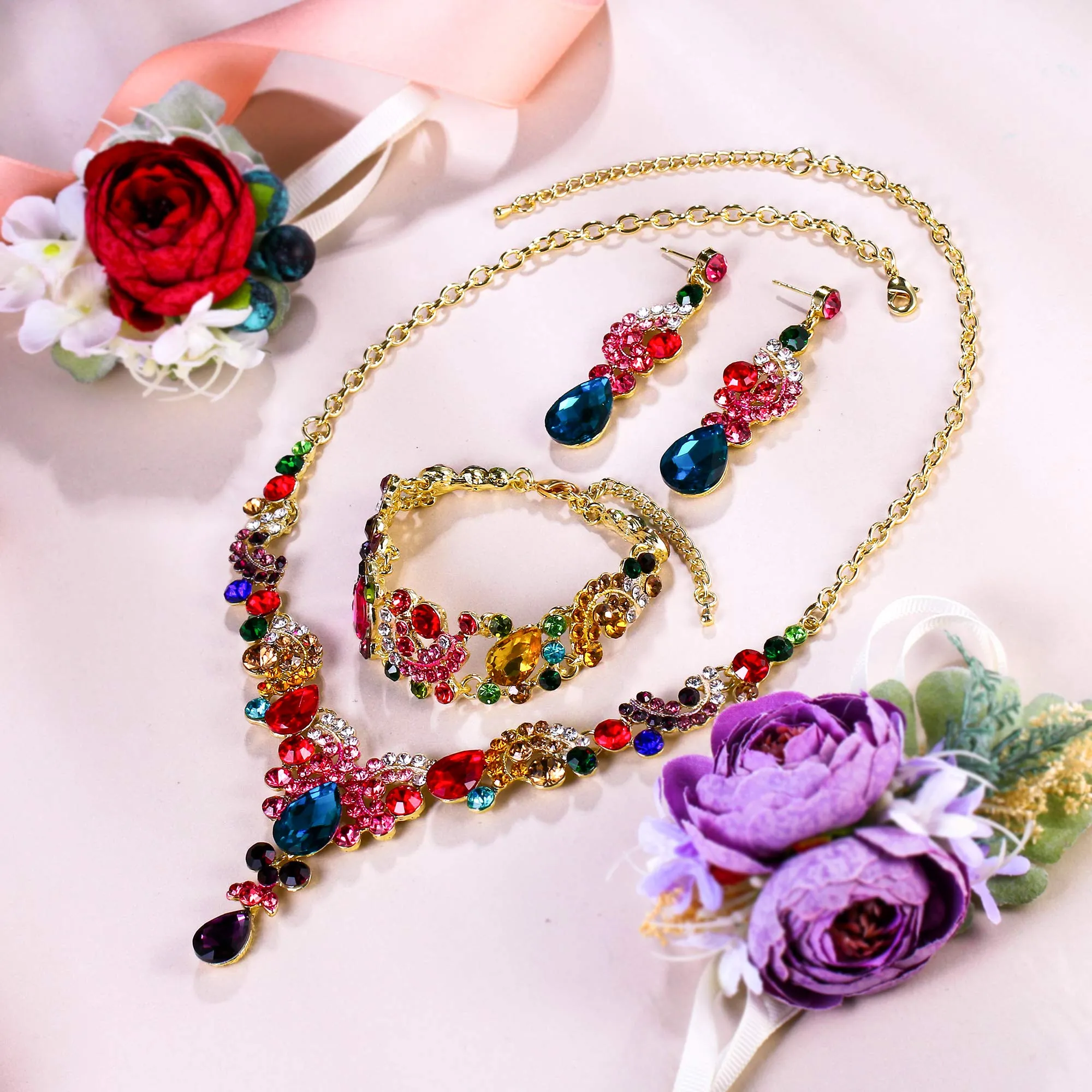 EVER FAITH Set di Gioielli con Cristalli Art Deco Floreale, Collana, Bracciale, Anello e Orecchini, Multicolore Oro-Fondo - immagine 3