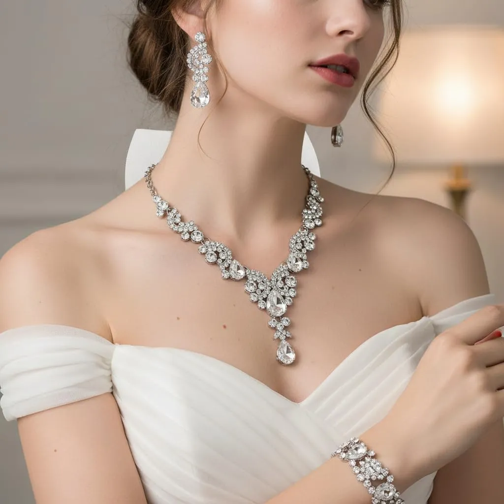 EVER FAITH Set Gioielli Sposa Cristallo Art Deco Floreale - Collana, Bracciale, Anello e Orecchini, Trasparente Argento-Fondo - immagine 2