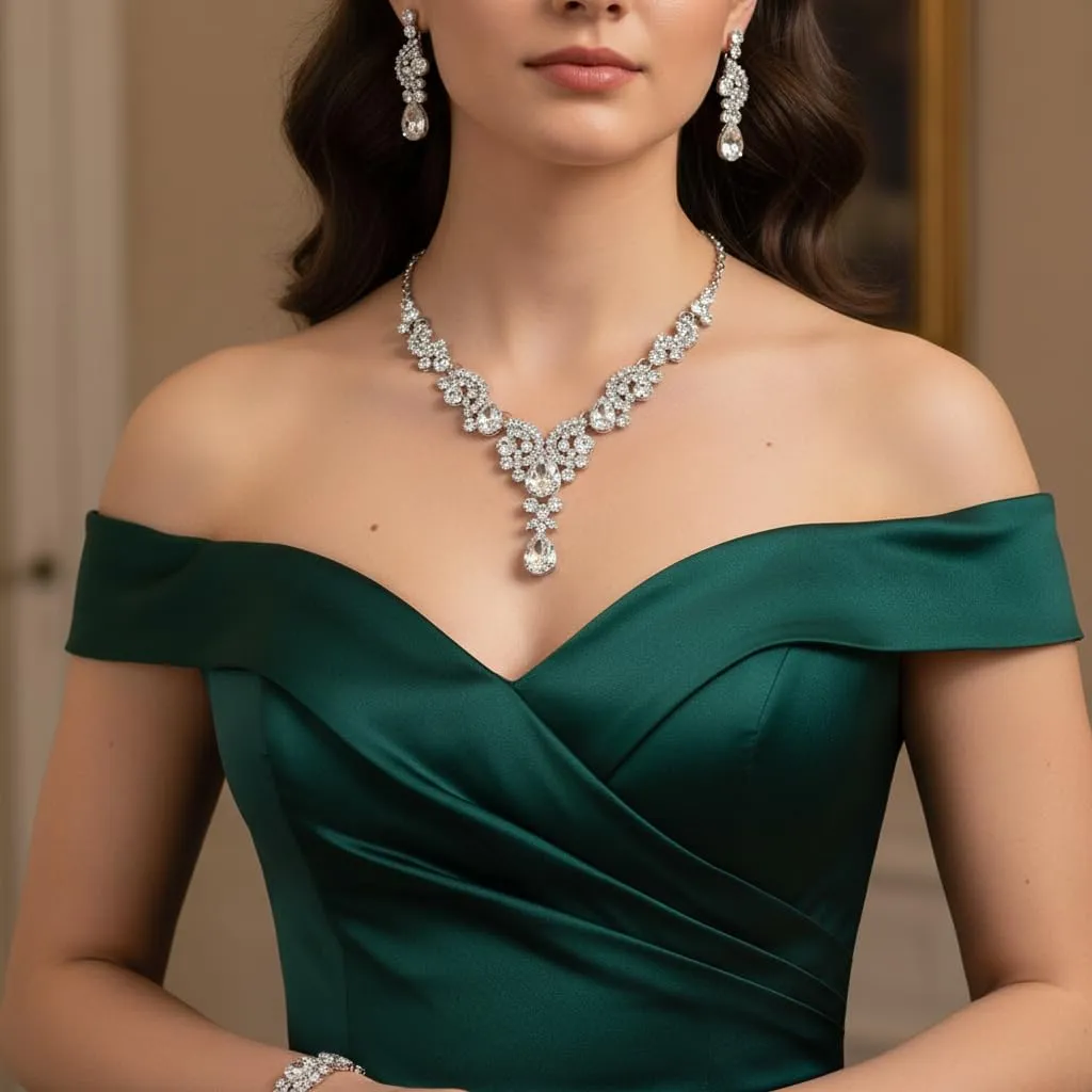 EVER FAITH Set Gioielli Sposa Cristallo Art Deco Floreale - Collana, Bracciale, Anello e Orecchini, Trasparente Argento-Fondo - immagine 3