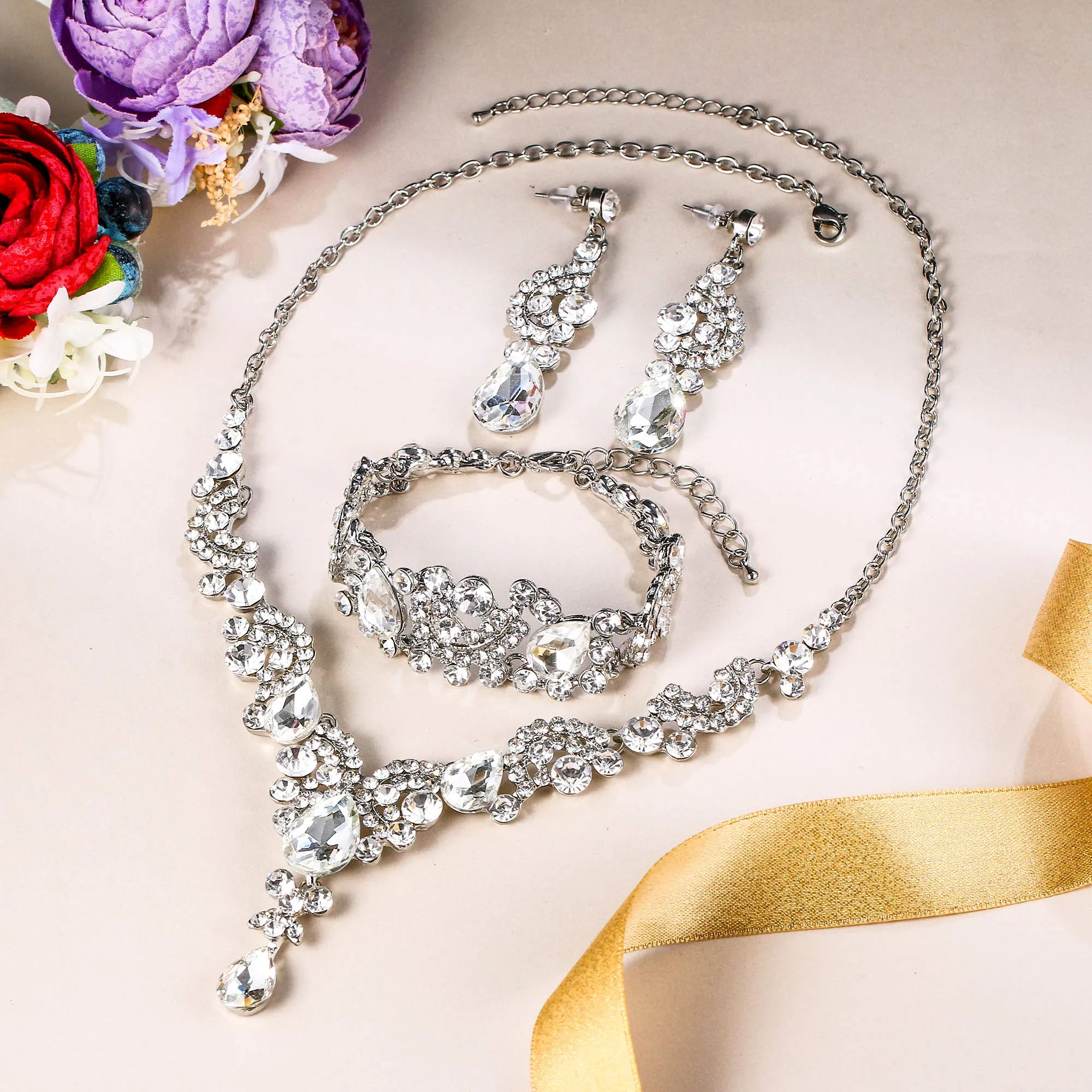 EVER FAITH Set Gioielli Sposa Cristallo Art Deco Floreale - Collana, Bracciale, Anello e Orecchini, Trasparente Argento-Fondo - immagine 4