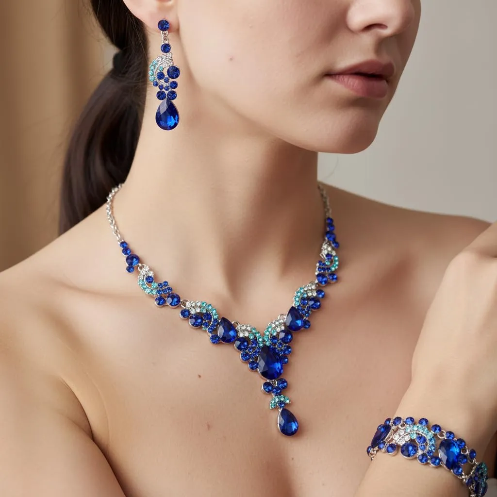 EVER FAITH Set di Gioielli con Cristalli, Collana, Bracciale, Anello e Orecchini, Design Art Deco Floreale Onda Goccia - immagine 2