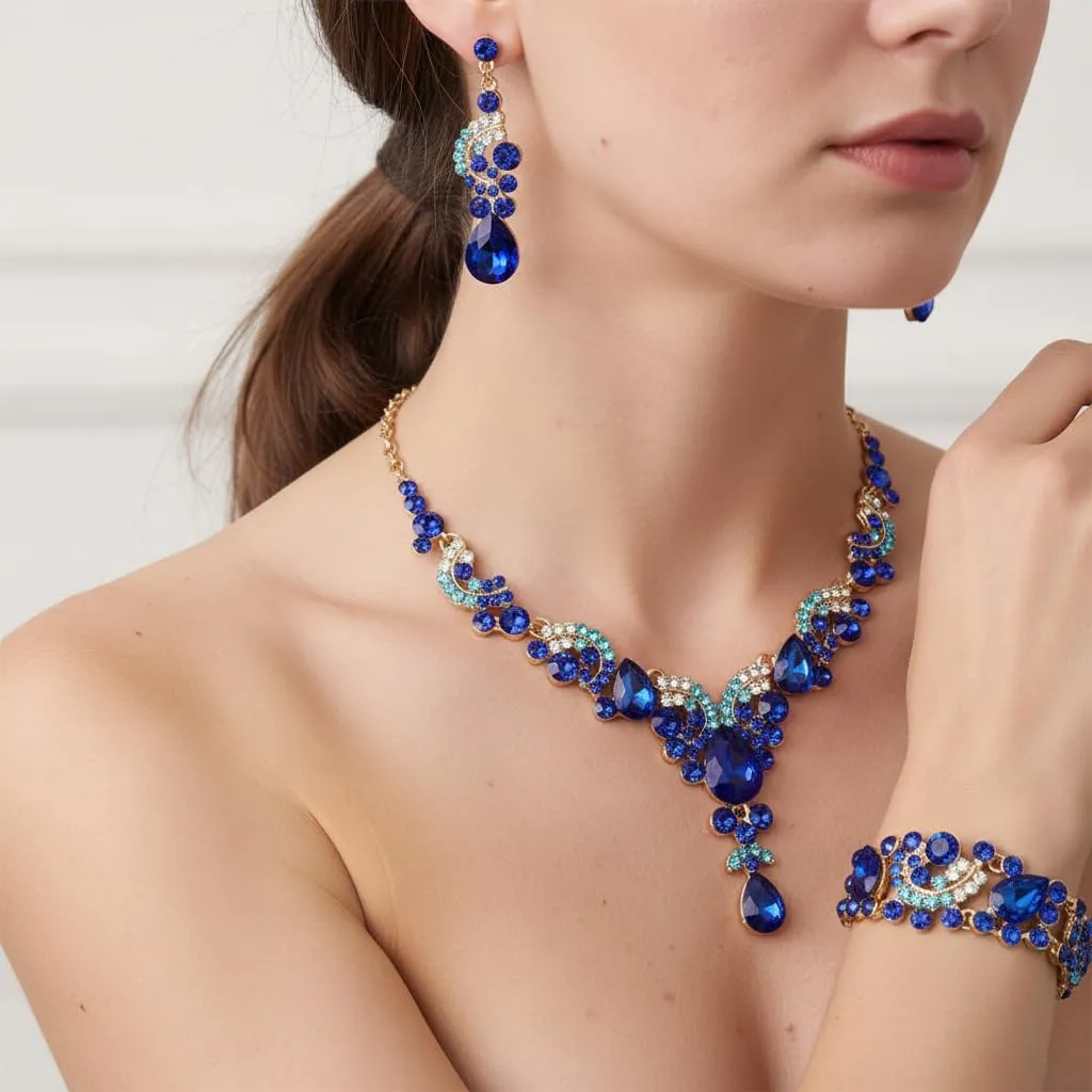 EVER FAITH Set di Gioielli in Cristallo Art Deco Floreale con Collana, Bracciale, Anello e Orecchini - immagine 2