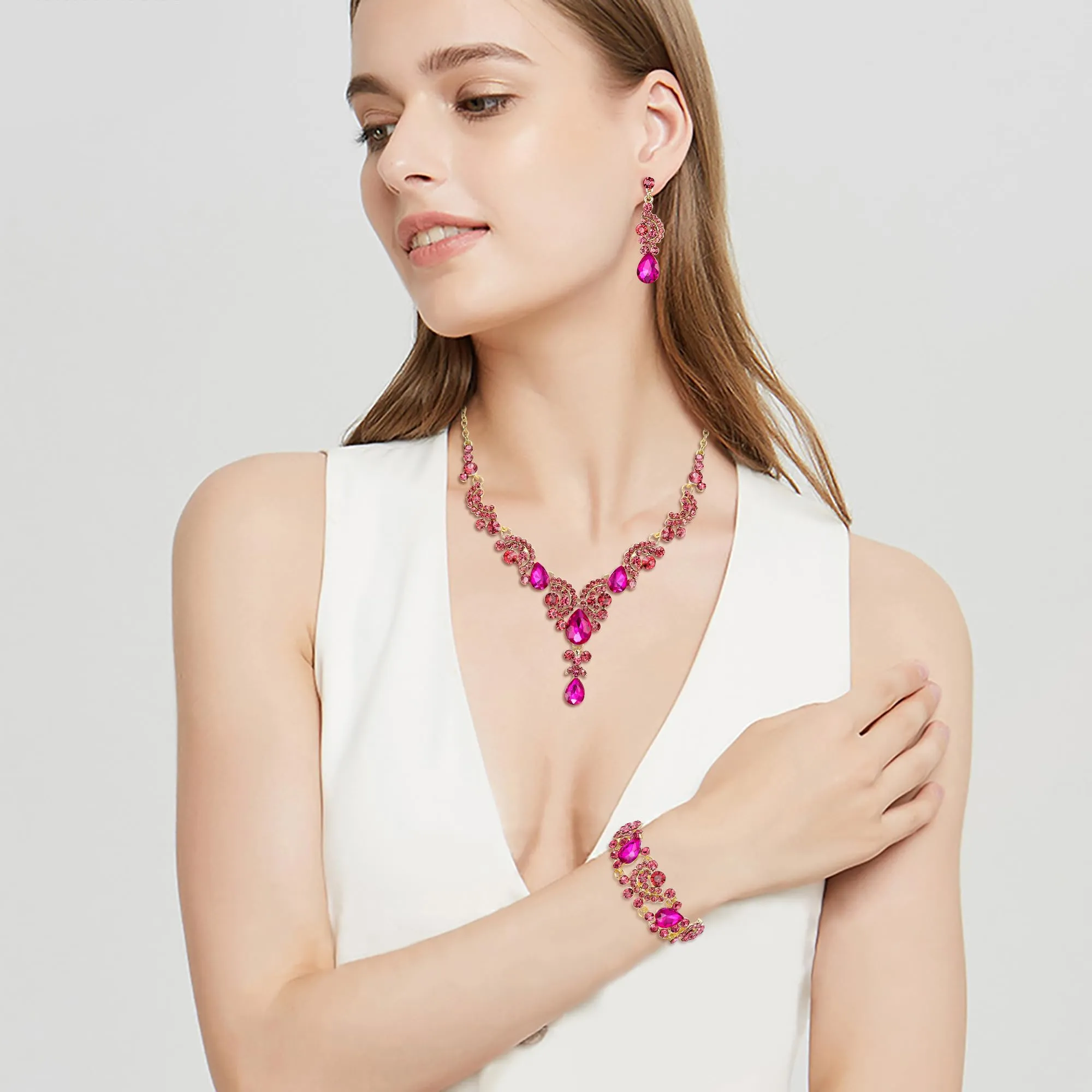 EVER FAITH Set di Gioielli in Cristallo Art Deco Floreale con Collana, Bracciale, Anello e Orecchini - immagine 2