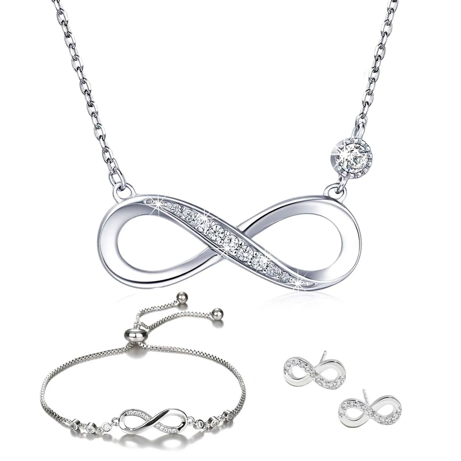 Bcenoilua Set di Gioielli con Simbolo Infinito in Argento 925 e Zirconi - Collana, Bracciale Regolabile e Orecchini - immagine 1