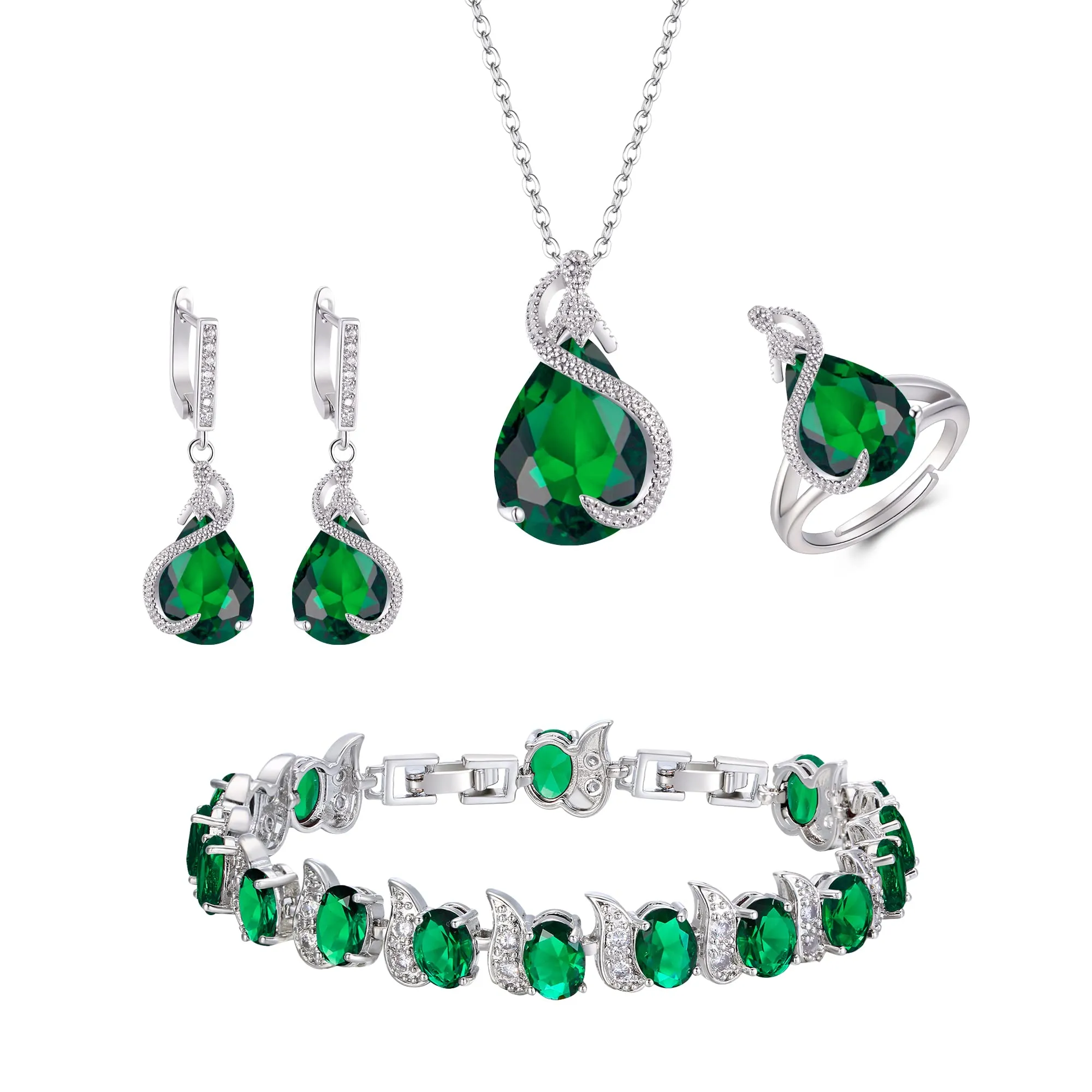EVER FAITH Bridal Cubic Zirconia Jewelry Set, Emerald Birthstone Pendant Necklace, Earrings, Tennis Bracelet, Open Ring, Green Silver Tone - immagine 1