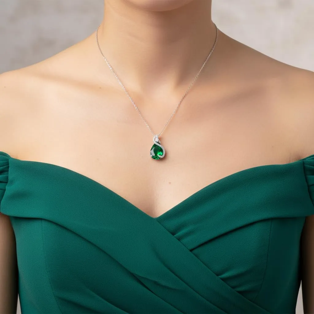 EVER FAITH Bridal Cubic Zirconia Jewelry Set, Emerald Birthstone Pendant Necklace, Earrings, Tennis Bracelet, Open Ring, Green Silver Tone - immagine 2