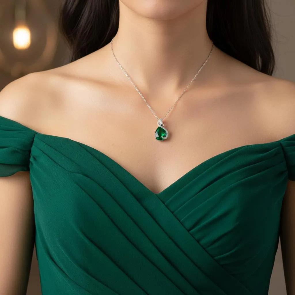 EVER FAITH Bridal Cubic Zirconia Jewelry Set, Emerald Birthstone Pendant Necklace, Earrings, Tennis Bracelet, Open Ring, Green Silver Tone - immagine 3