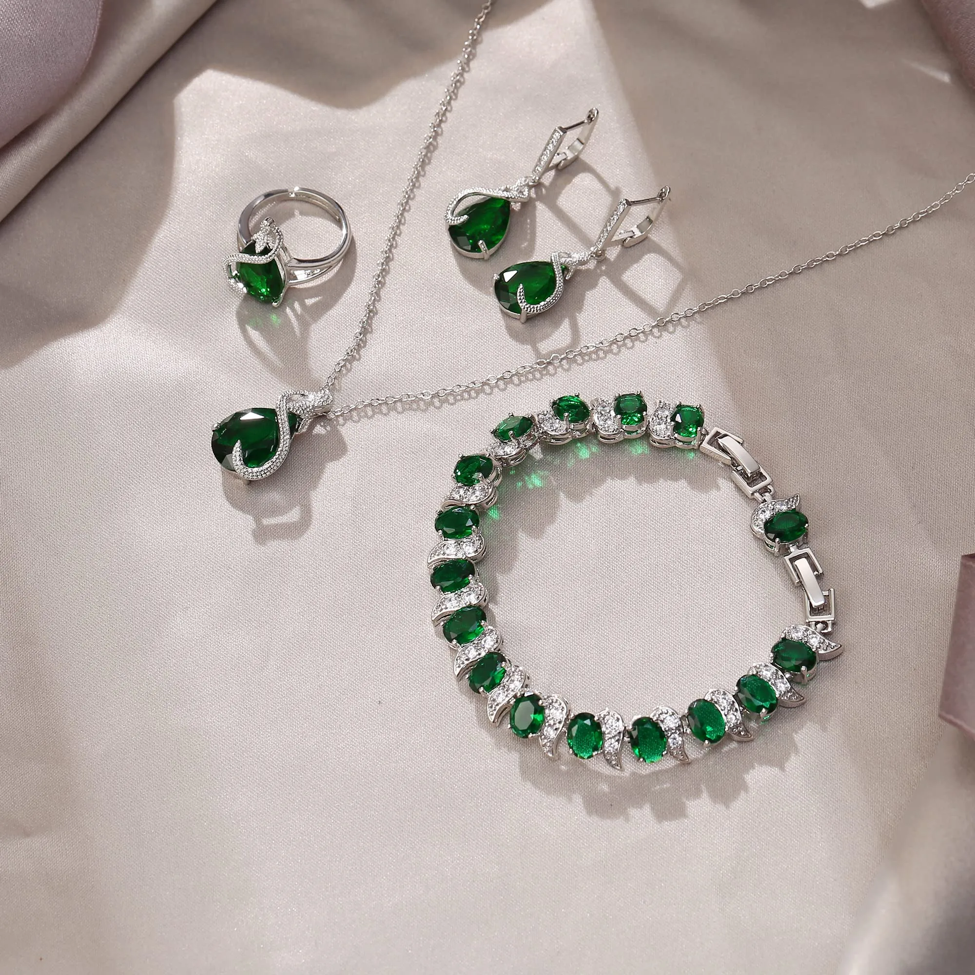 EVER FAITH Bridal Cubic Zirconia Jewelry Set, Emerald Birthstone Pendant Necklace, Earrings, Tennis Bracelet, Open Ring, Green Silver Tone - immagine 5