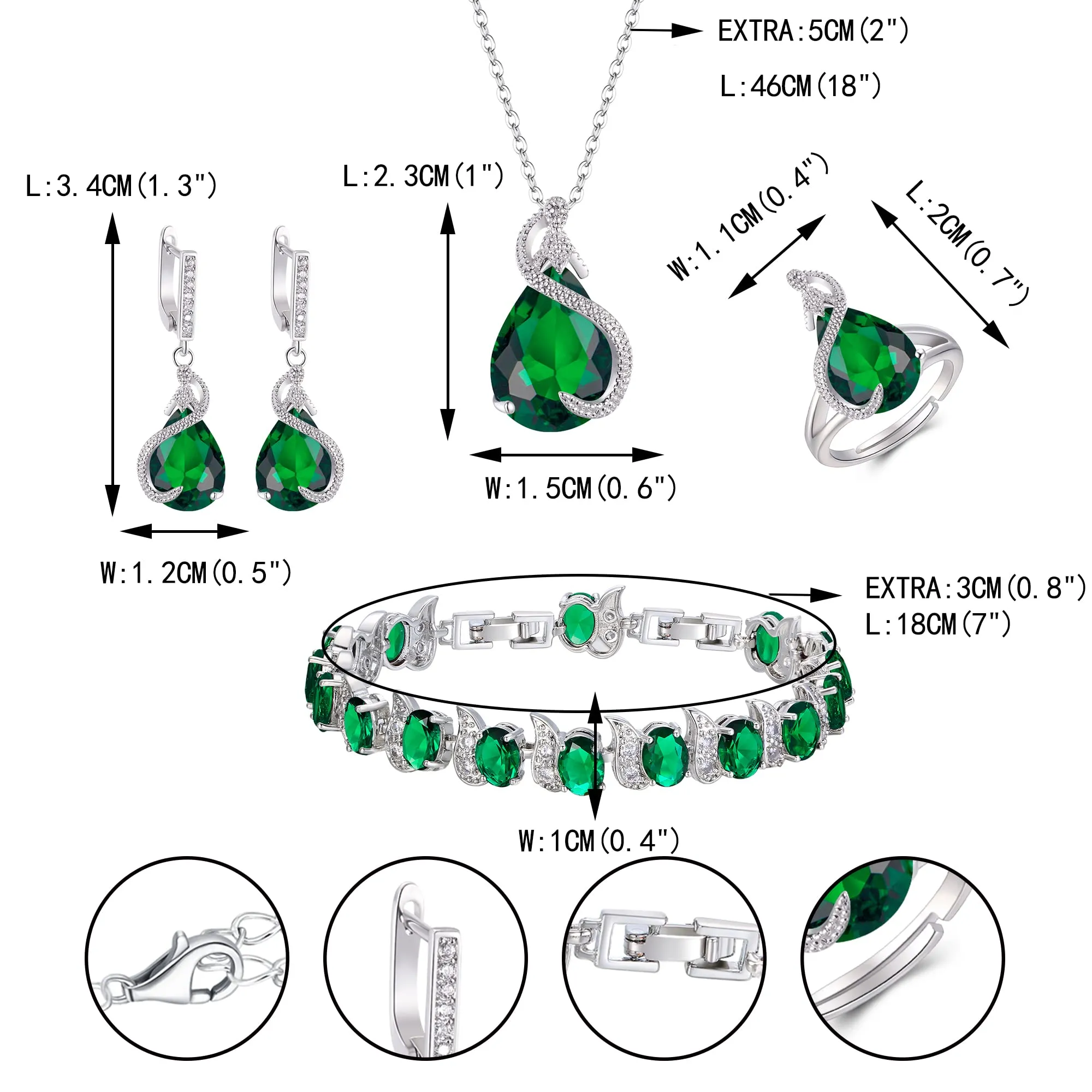 EVER FAITH Bridal Cubic Zirconia Jewelry Set, Emerald Birthstone Pendant Necklace, Earrings, Tennis Bracelet, Open Ring, Green Silver Tone - immagine 6