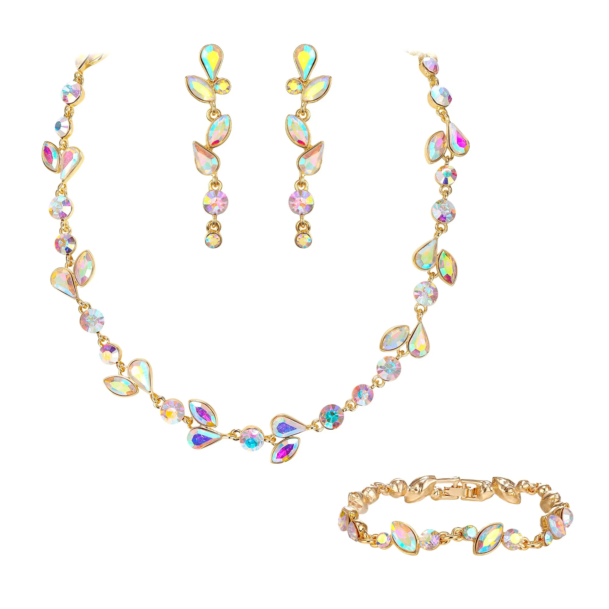 EVER FAITH Set di gioielli da sposa con strass a foglia, collana, orecchini e bracciale, Iridescente AB Oro-fondo - immagine 1