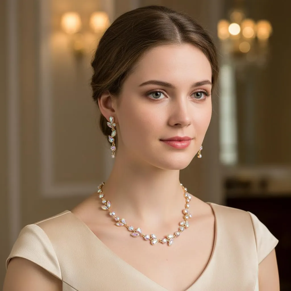 EVER FAITH Set di gioielli da sposa con strass a foglia, collana, orecchini e bracciale, Iridescente AB Oro-fondo - immagine 2
