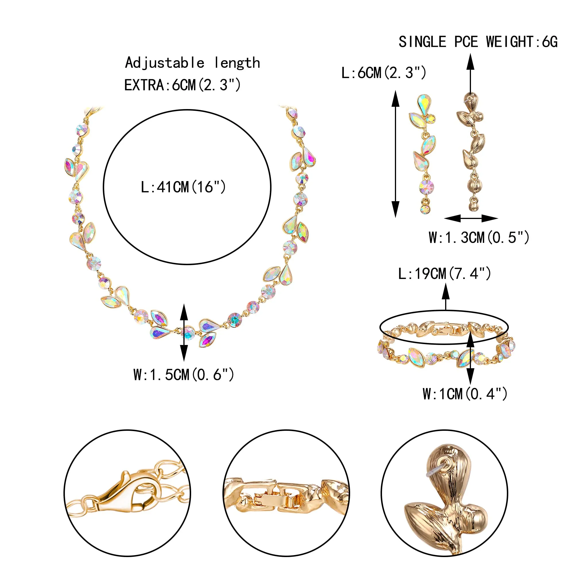 EVER FAITH Set di gioielli da sposa con strass a foglia, collana, orecchini e bracciale, Iridescente AB Oro-fondo - immagine 4