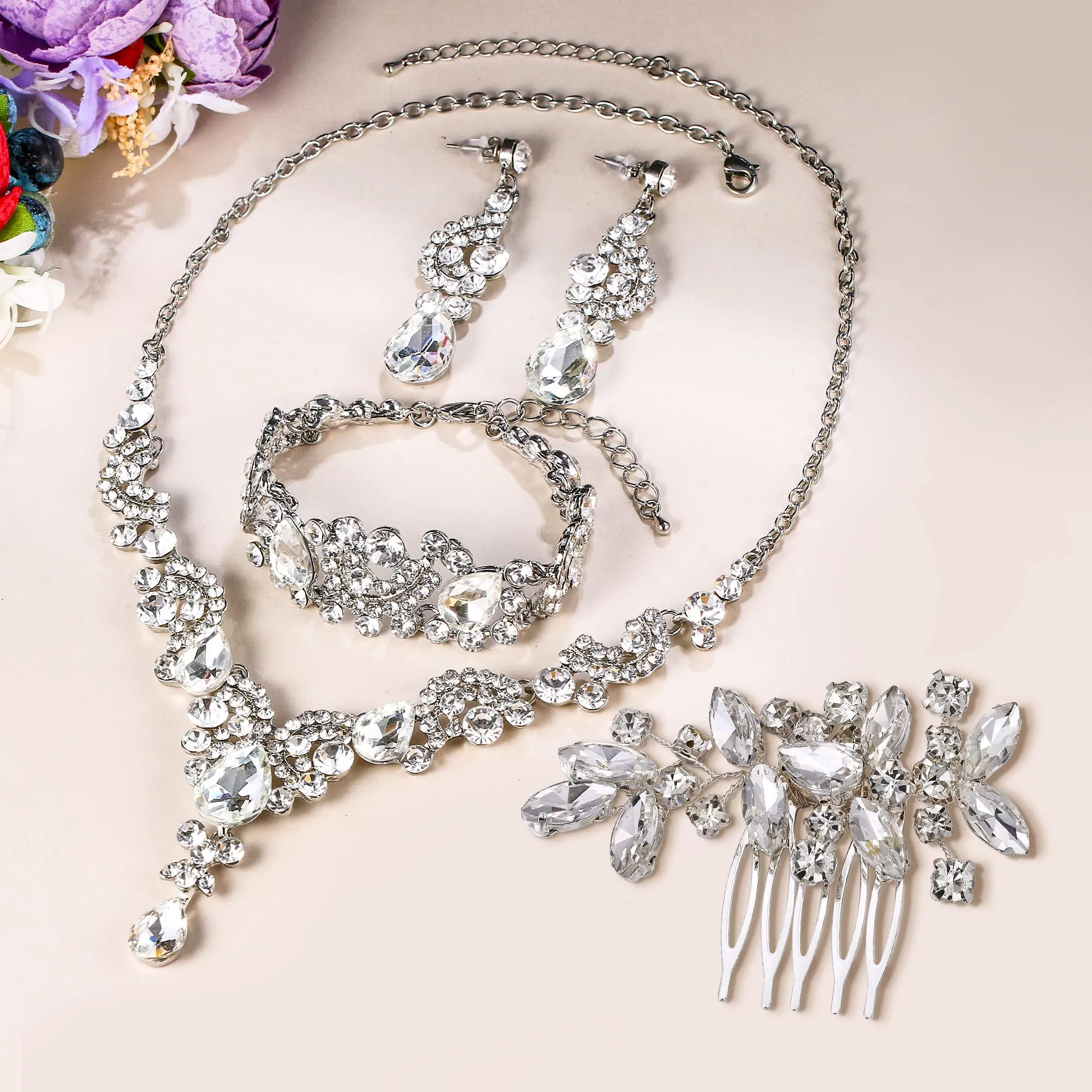 EVER FAITH Set di gioielli in cristallo Art Deco con collana a goccia floreale, orecchini e braccialetto, Argento Trasparente - immagine 2