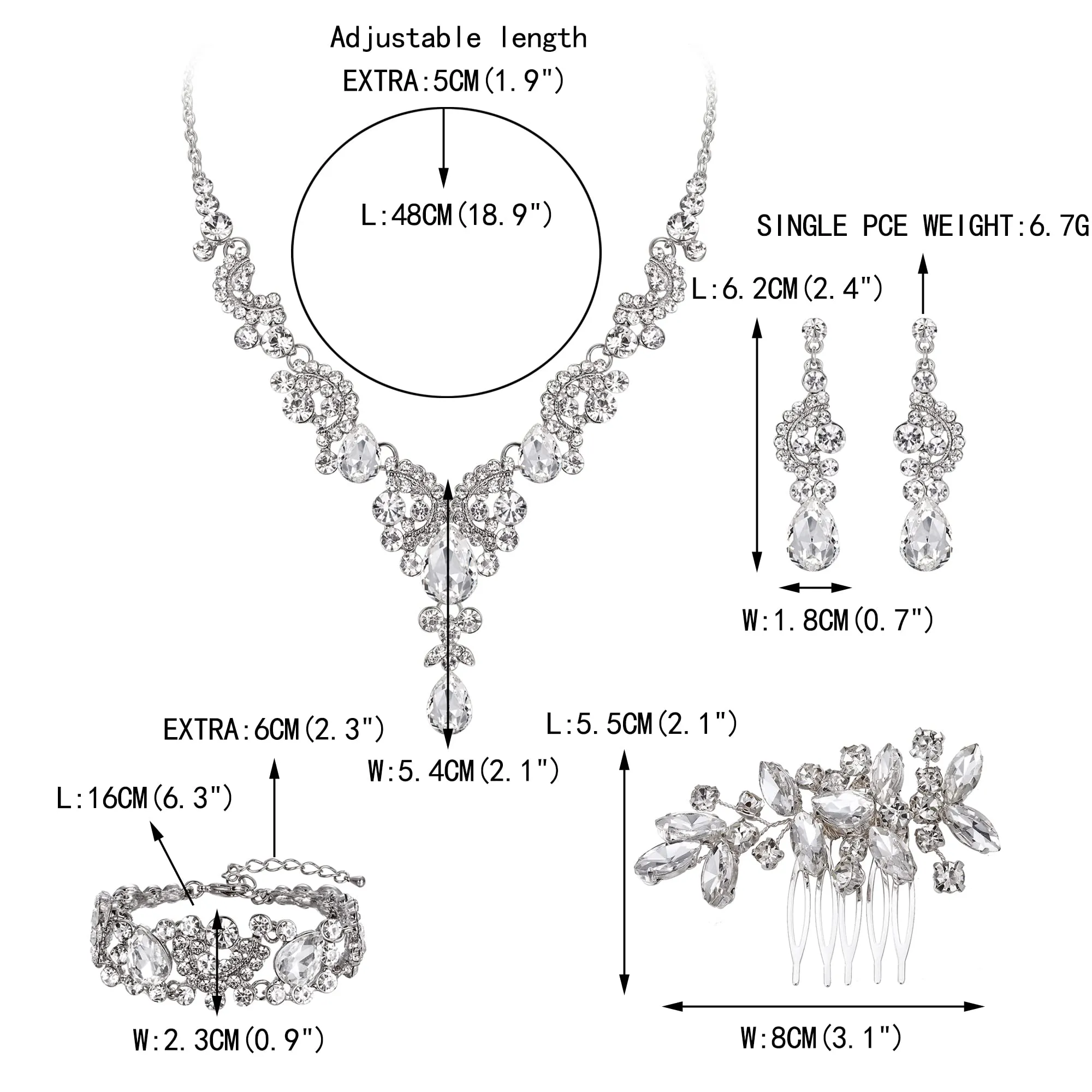 EVER FAITH Set di gioielli in cristallo Art Deco con collana a goccia floreale, orecchini e braccialetto, Argento Trasparente - immagine 4