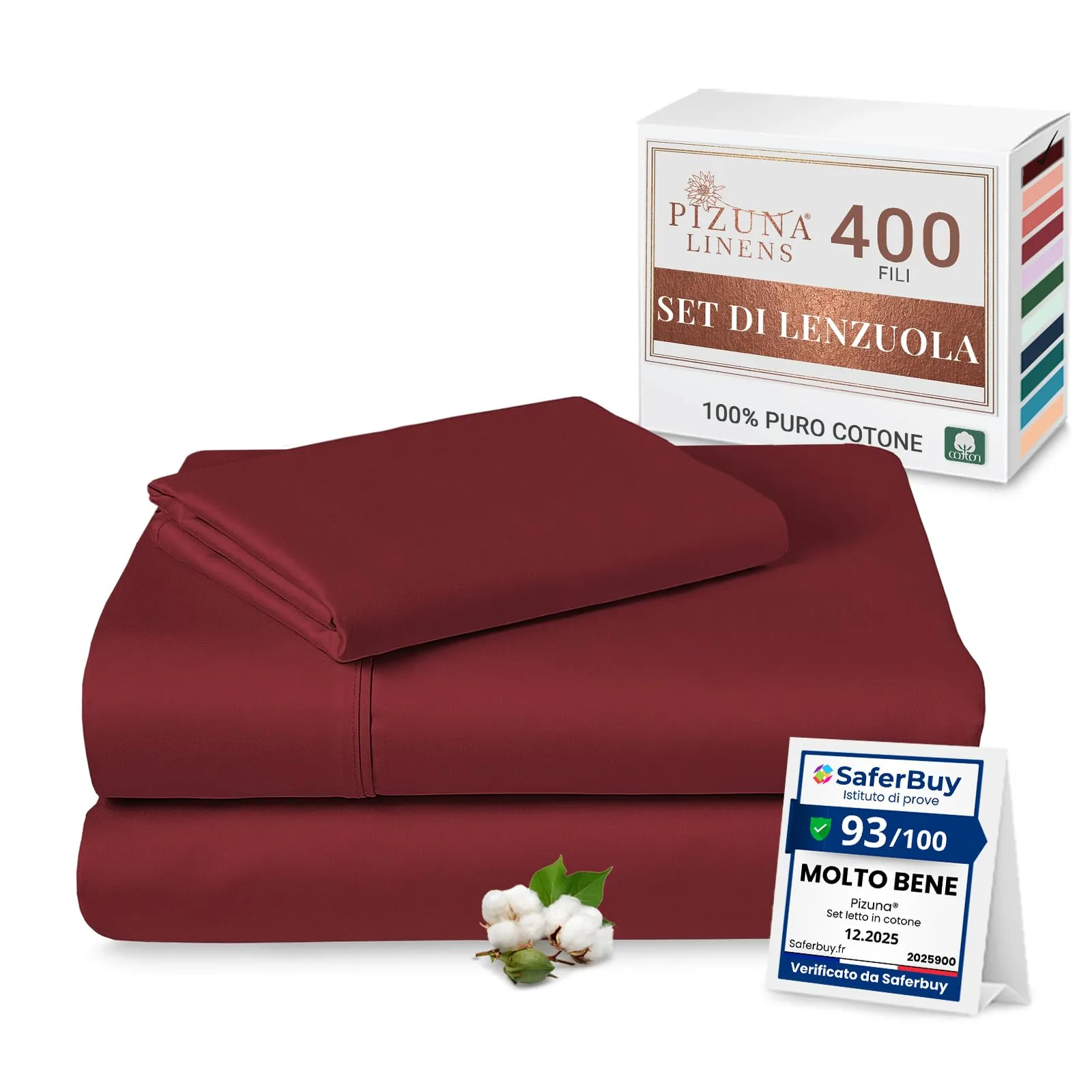Pizuna Linens Set Lenzuola Letto Singolo in Cotone 400 Fili, 90x200 cm, Rio Rosso - immagine 1