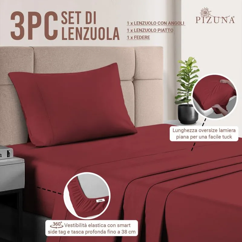 Pizuna Linens Set Lenzuola Letto Singolo in Cotone 400 Fili, 90x200 cm, Rio Rosso - immagine 3