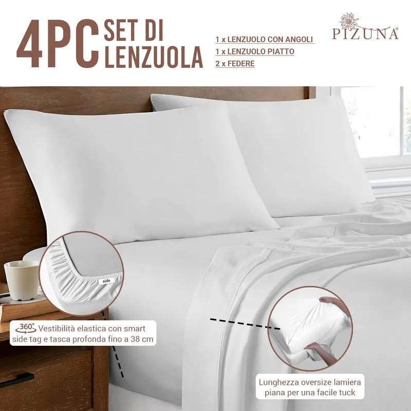 Pizuna Linens Set Lenzuola Letto King Size, 100% Cotone 400 Fili, 160x200 cm, Bianco, 4 Pezzi - immagine 3