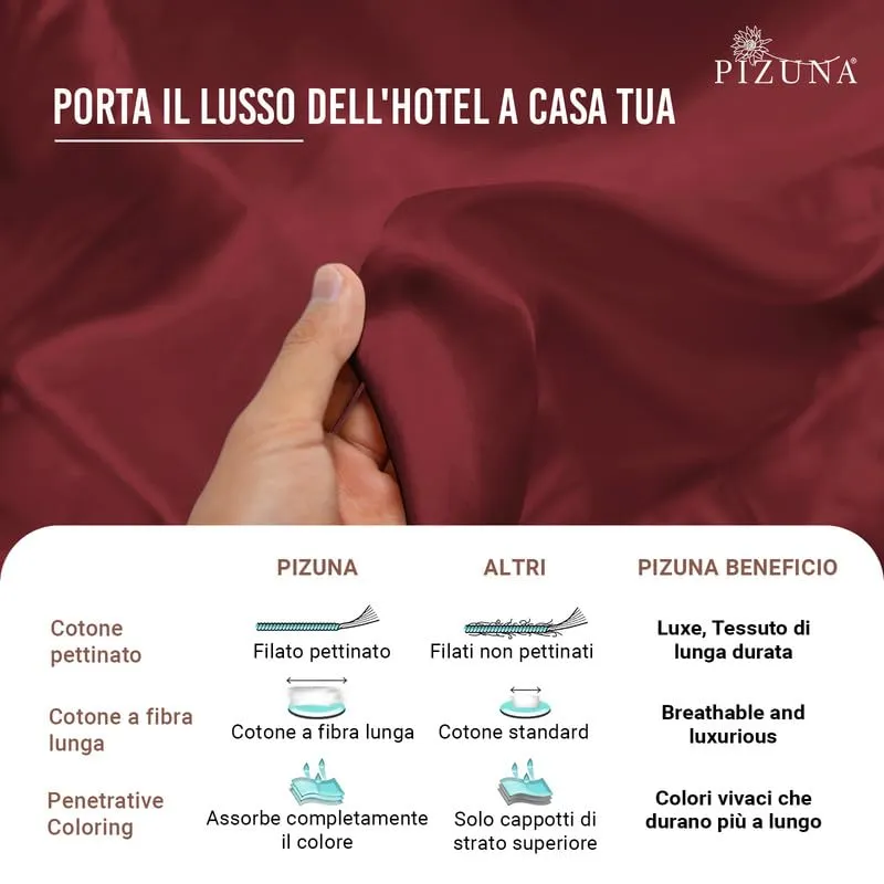 Pizuna Linens Set Lenzuola Letto Matrimoniale in Cotone 400 Fili, 140x200 cm, Rio Rosso - immagine 6