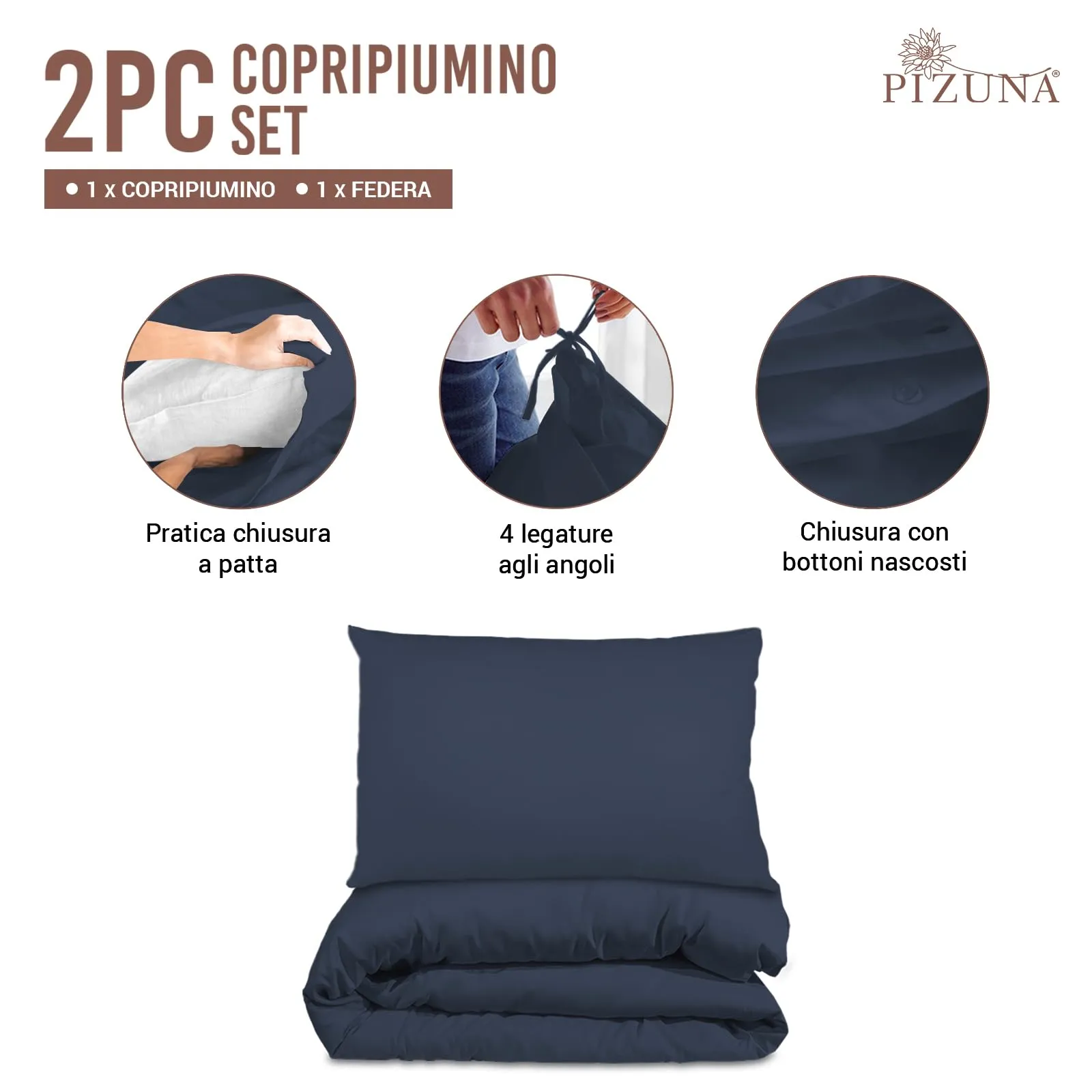 Pizuna Linens Set Copripiumino Singolo in Cotone 400 fili, 150x200 cm, Blu, 2 Pezzi - immagine 3