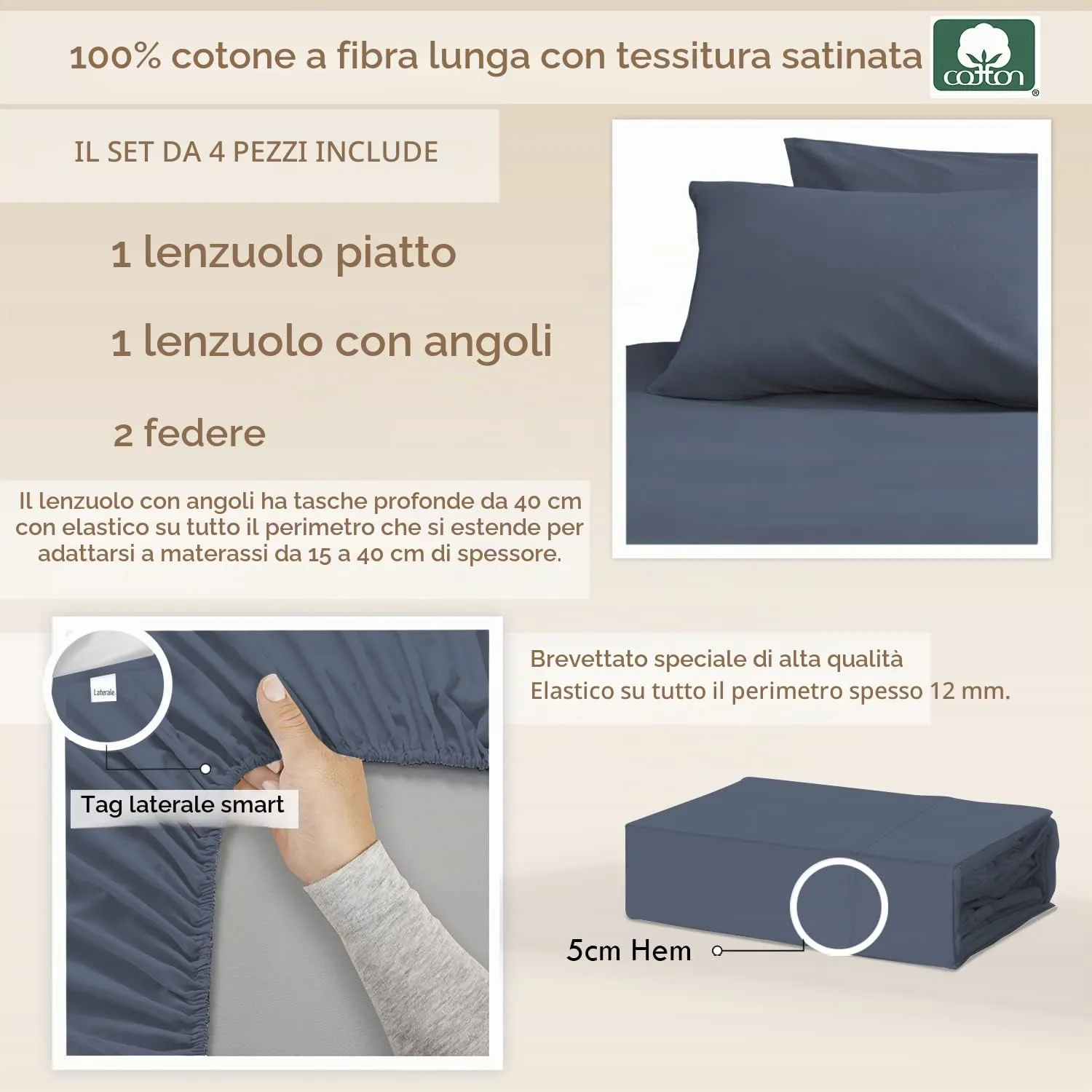 Pizuna Linens Set Lenzuola Letto Singolo in Cotone 400 Fili Sateen, 90x200cm, Blu - immagine 3
