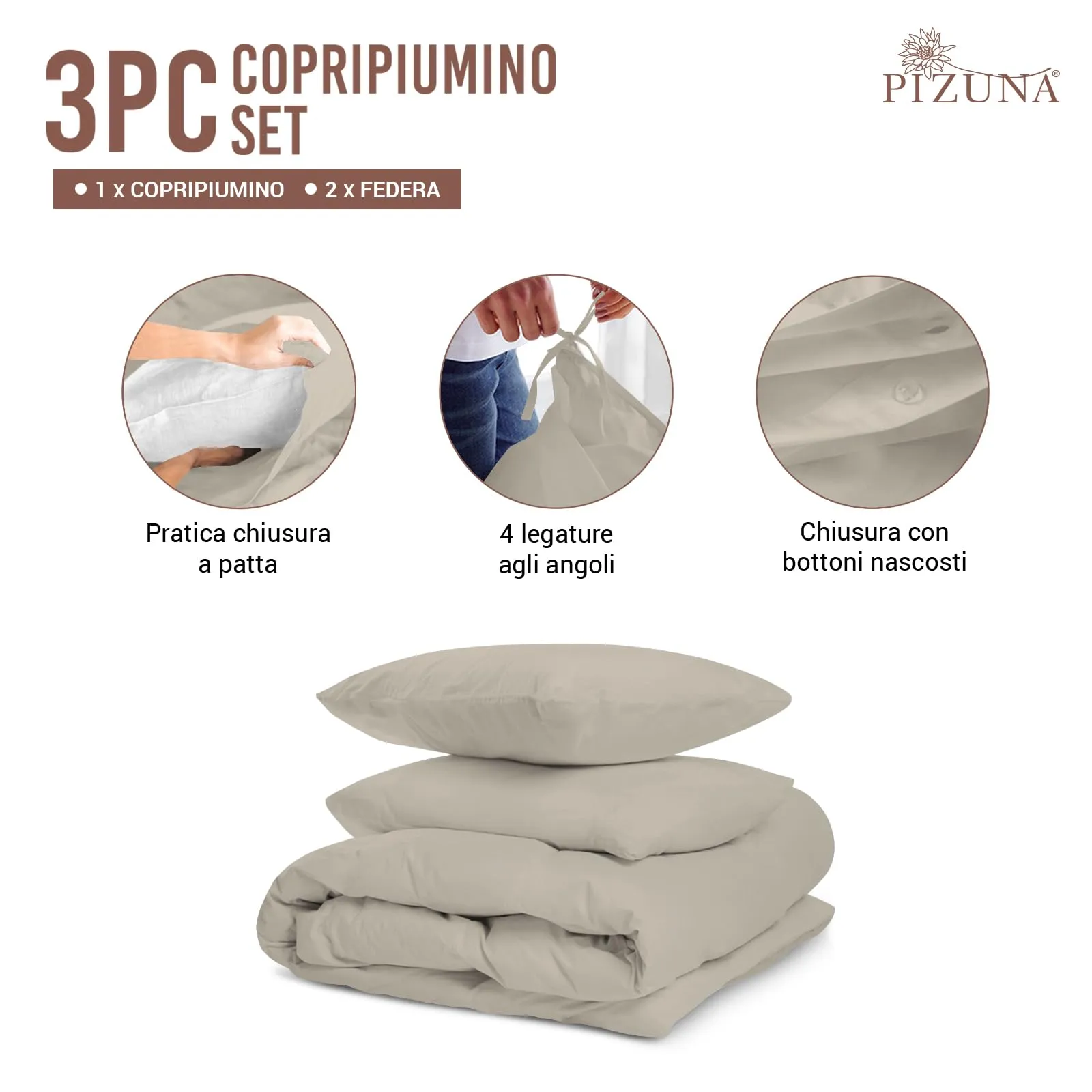 Pizuna Linens Set Copripiumino in Cotone 400 Fili, 200x200 cm, Tortora, 3 Pezzi, Trama Sateen - immagine 3