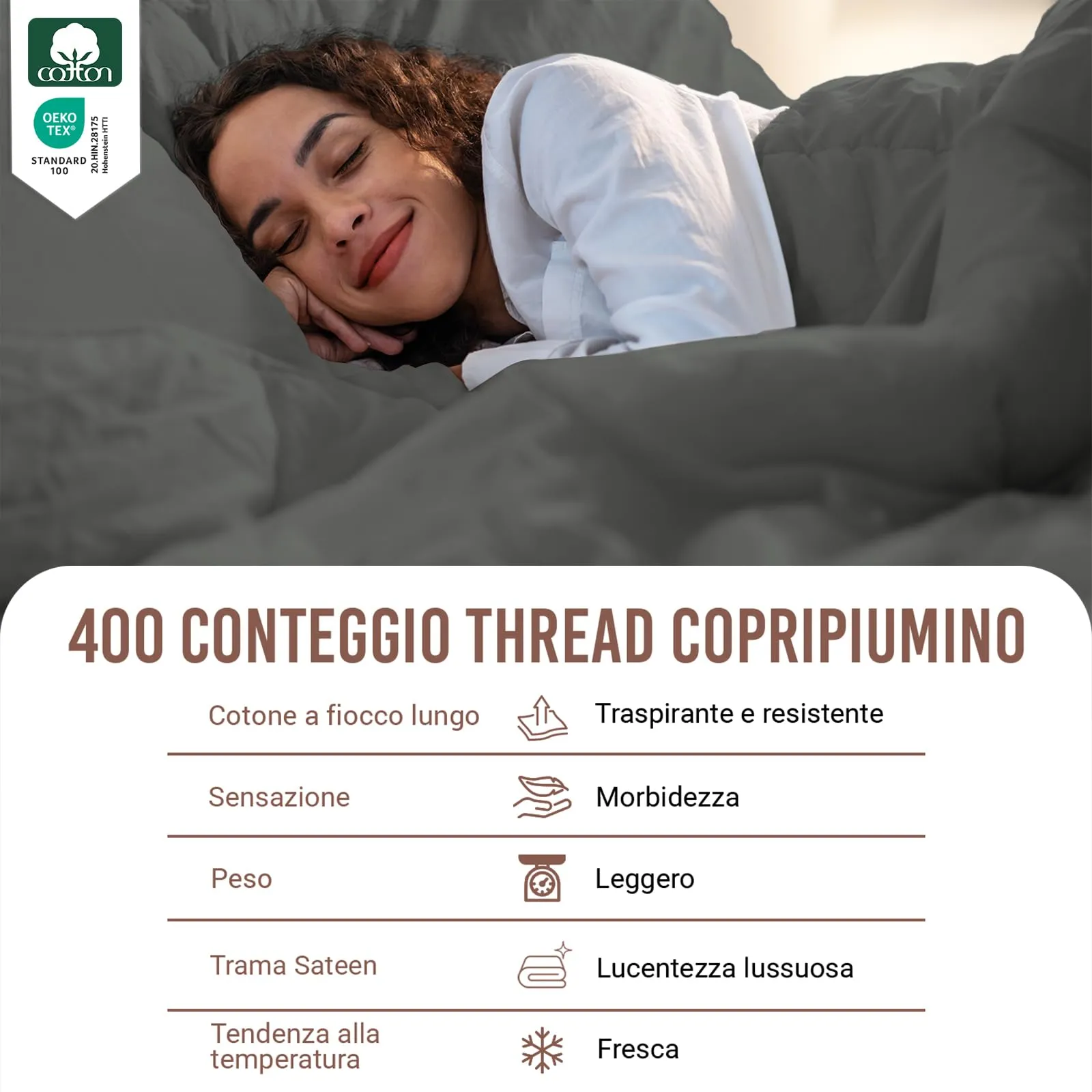 Pizuna Linens Set Copripiumino 200x200 Cotone 400 Fili Sateen Grigio, 3 Pezzi - immagine 2