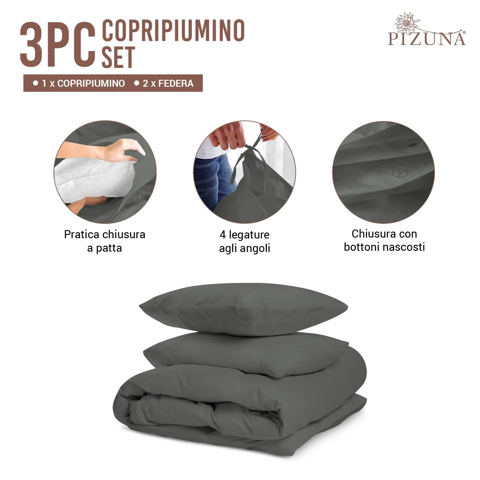 Pizuna Linens Set Copripiumino 200x200 Cotone 400 Fili Sateen Grigio, 3 Pezzi - immagine 3