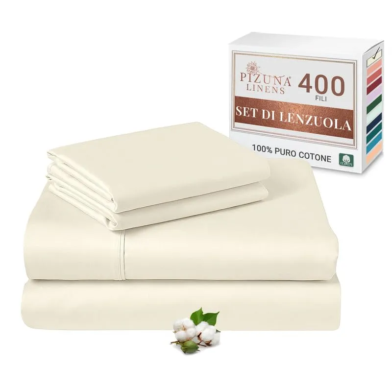 Pizuna Linens Set Lenzuola Letto Matrimoniale in Cotone 400 Fili, 140x200cm, Avorio, 4 Pezzi - immagine 1