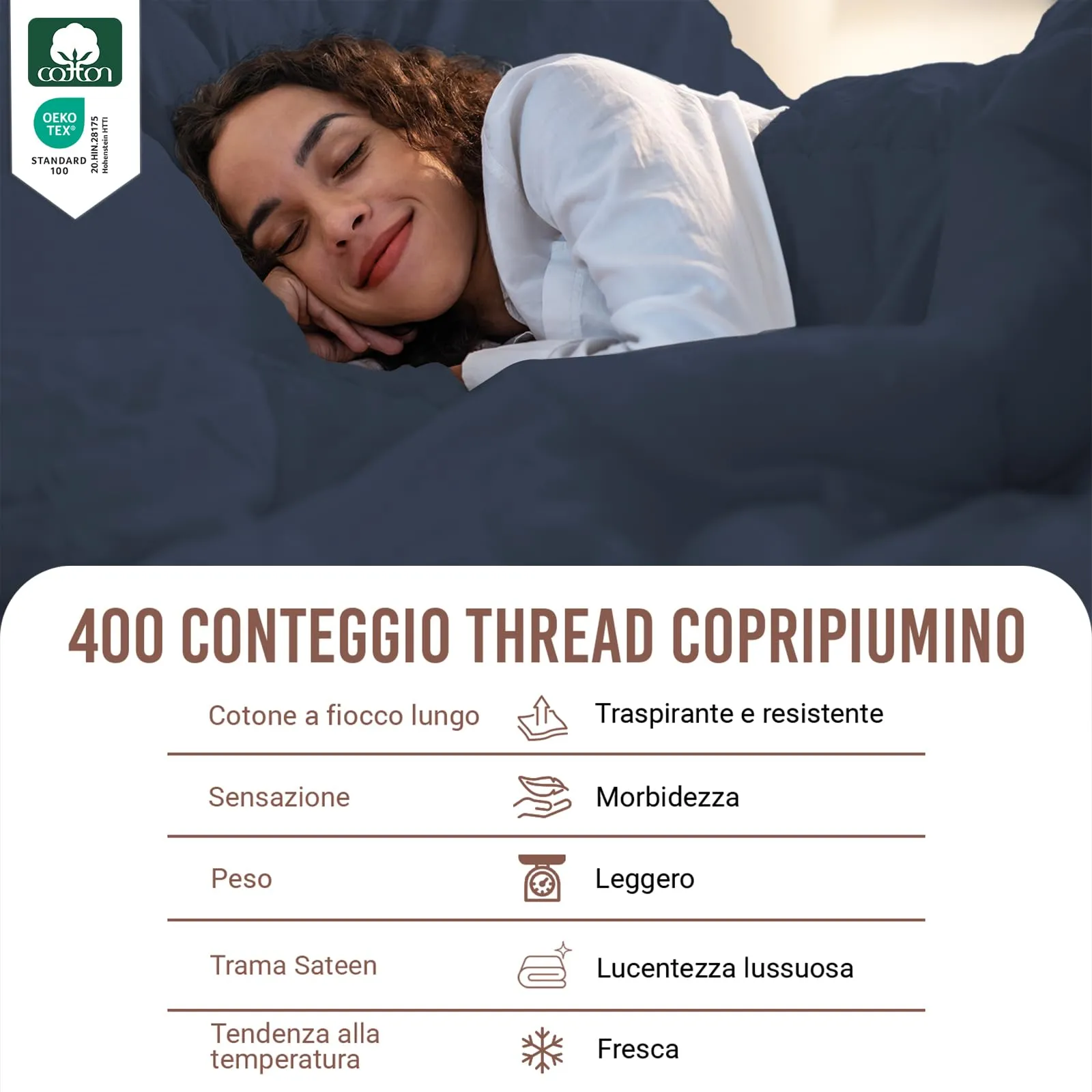 Pizuna Linens Set Copripiumino in Cotone 400 Fili, 240x200 cm, Blu, 3 Pezzi - immagine 2