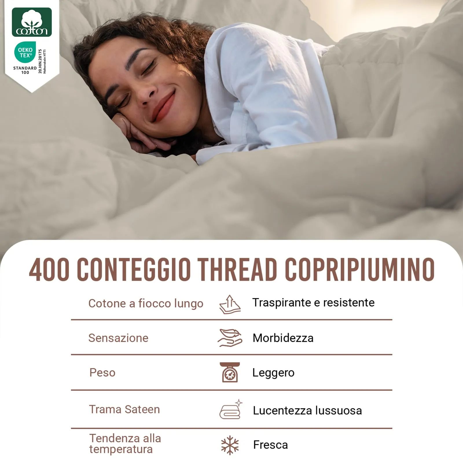 Pizuna Linens Set Copripiumino in Cotone 400 Fili, 240x200 cm, Taupe, 3 Pezzi - immagine 2