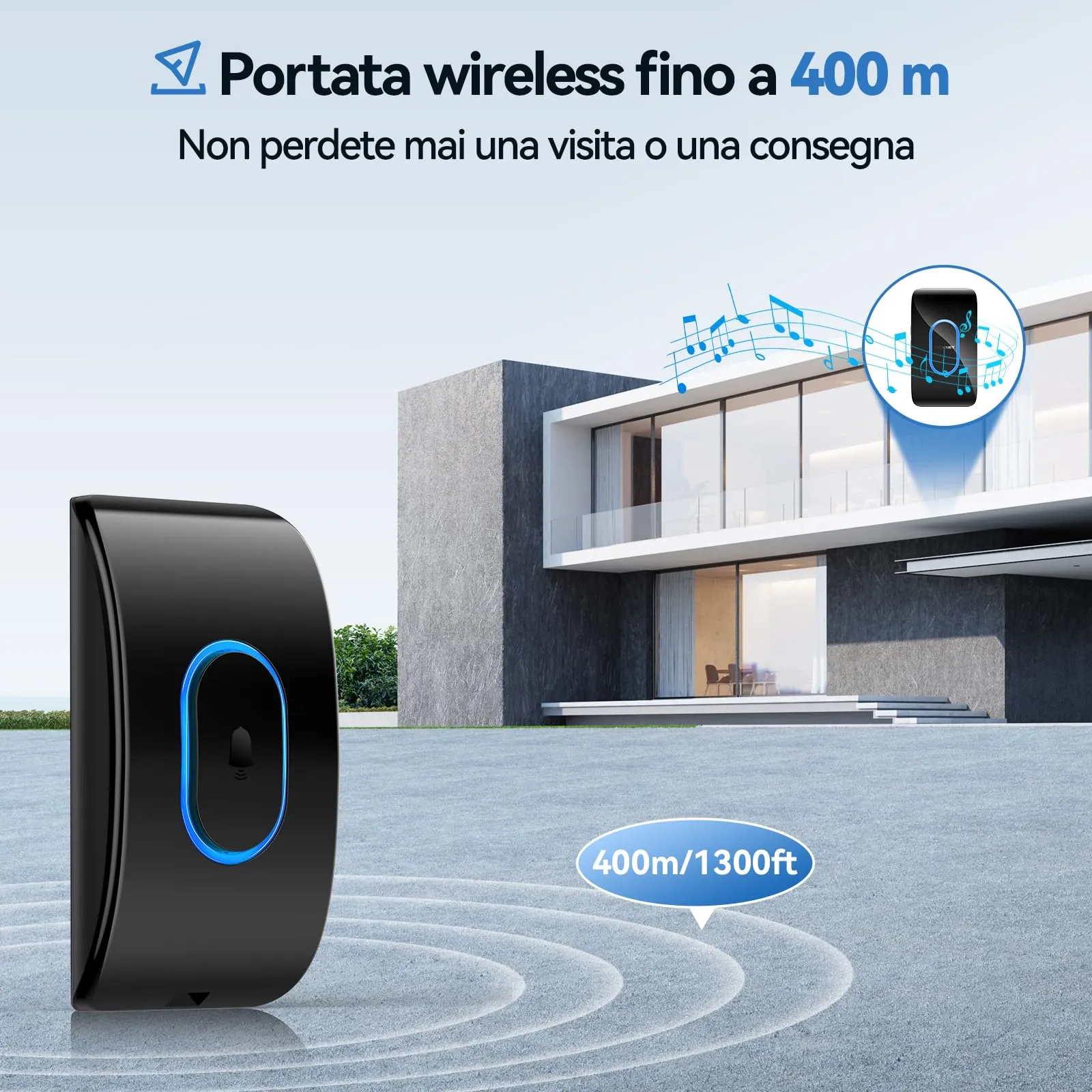 TECKNET Campanello Senza Fili, Portata 400m, 60 Melodie, 5 Livelli di Volume, IP65, Nero - immagine 2