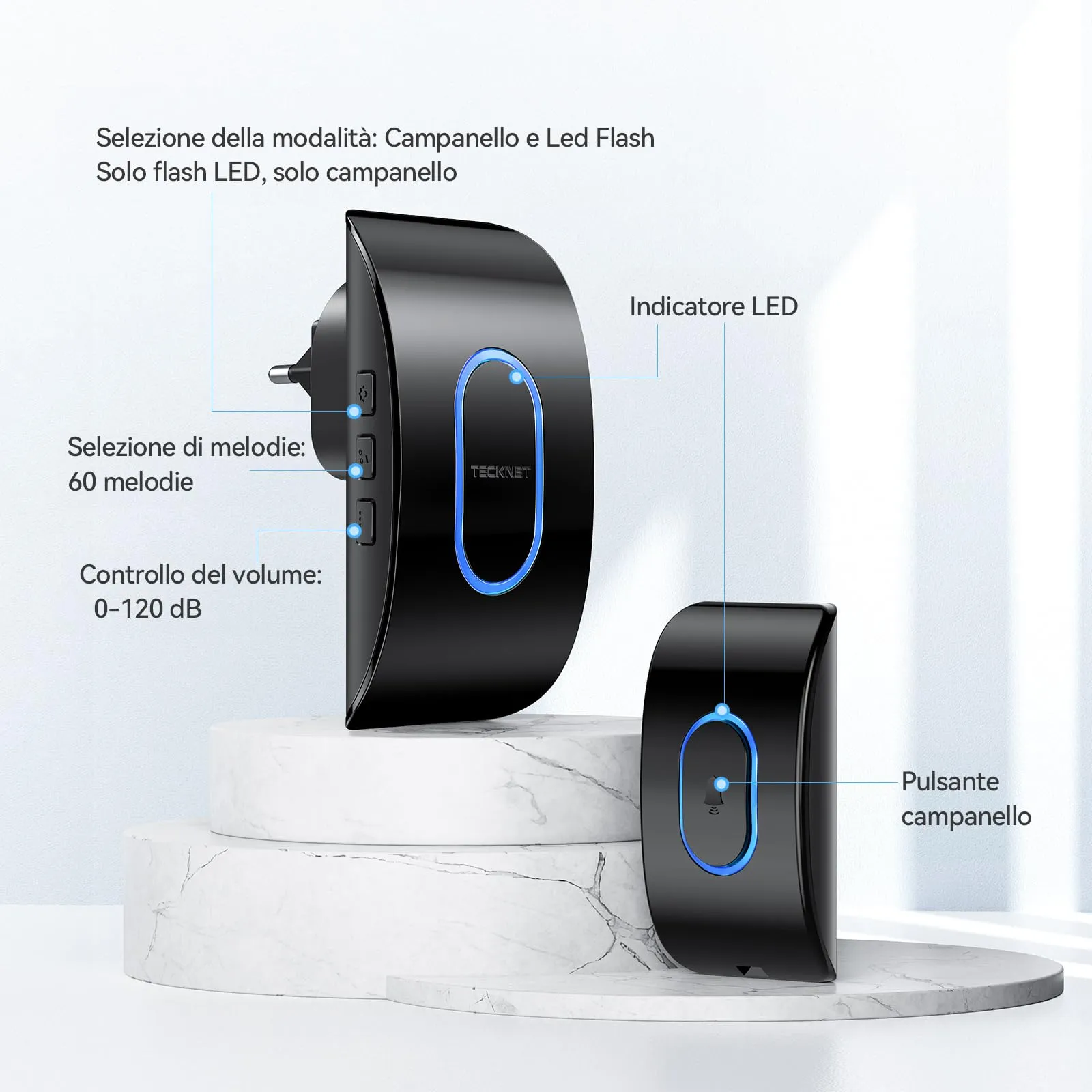 TECKNET Campanello Senza Fili, Portata 400m, 60 Melodie, 5 Livelli di Volume, IP65, Nero - immagine 7