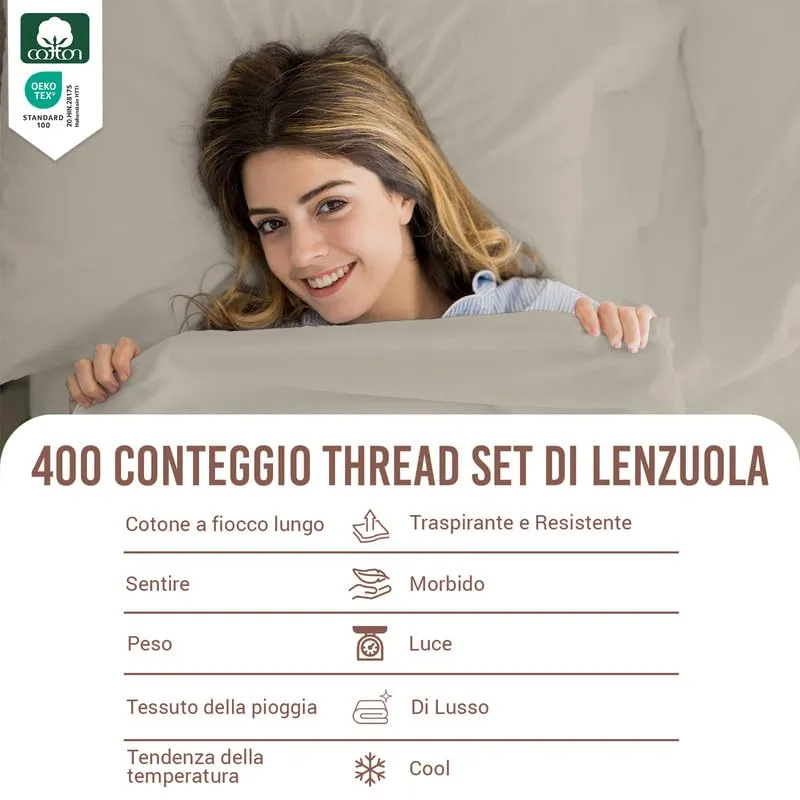 Pizuna Linens Set Lenzuola Letto Matrimoniale in Cotone, 140x200 cm, Tortora, 400 Fili - immagine 4