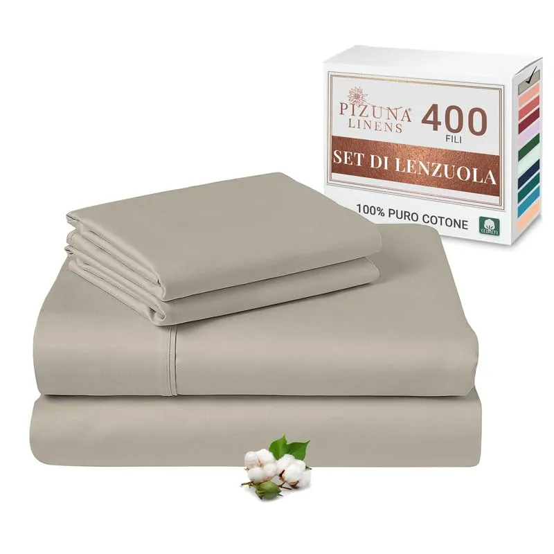 Pizuna Linens Set Lenzuola Letto Super King in Cotone 180x200 cm, 400 Fili, Tortora - immagine 1