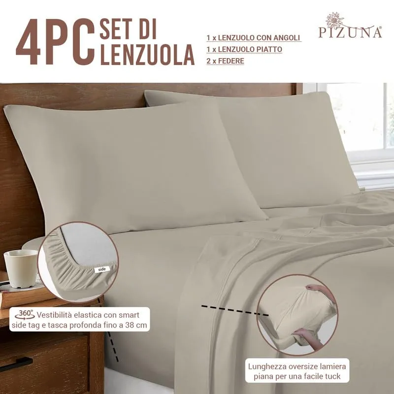 Pizuna Linens Set Lenzuola Letto Super King in Cotone 180x200 cm, 400 Fili, Tortora - immagine 3