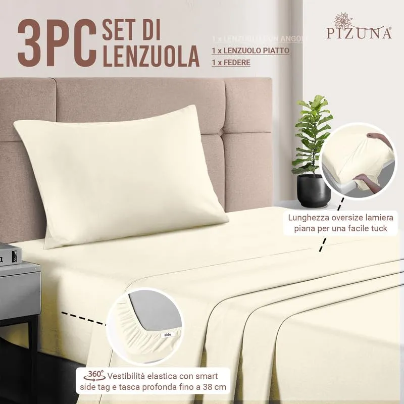 Pizuna Linens Set Lenzuola Letto Singolo in Cotone 400 Fili, 90x200 cm, Avorio, 3 Pezzi - immagine 3