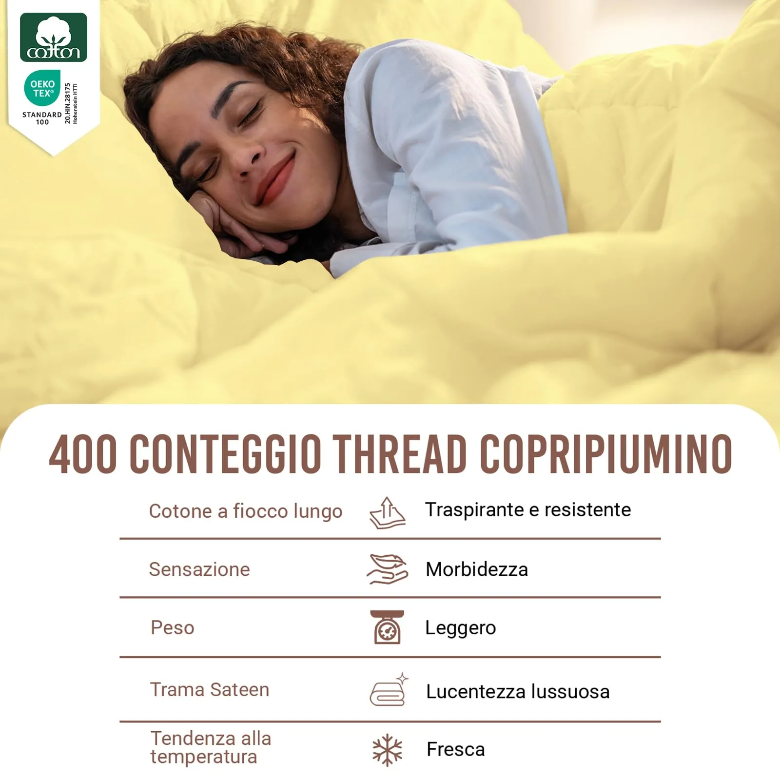 Pizuna Linens Set Copripiumino Singolo in Cotone 400 Fili, 150x200 cm, Giallo, 2 Pezzi - immagine 2