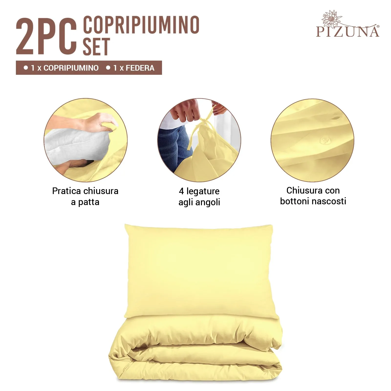 Pizuna Linens Set Copripiumino Singolo in Cotone 400 Fili, 150x200 cm, Giallo, 2 Pezzi - immagine 3
