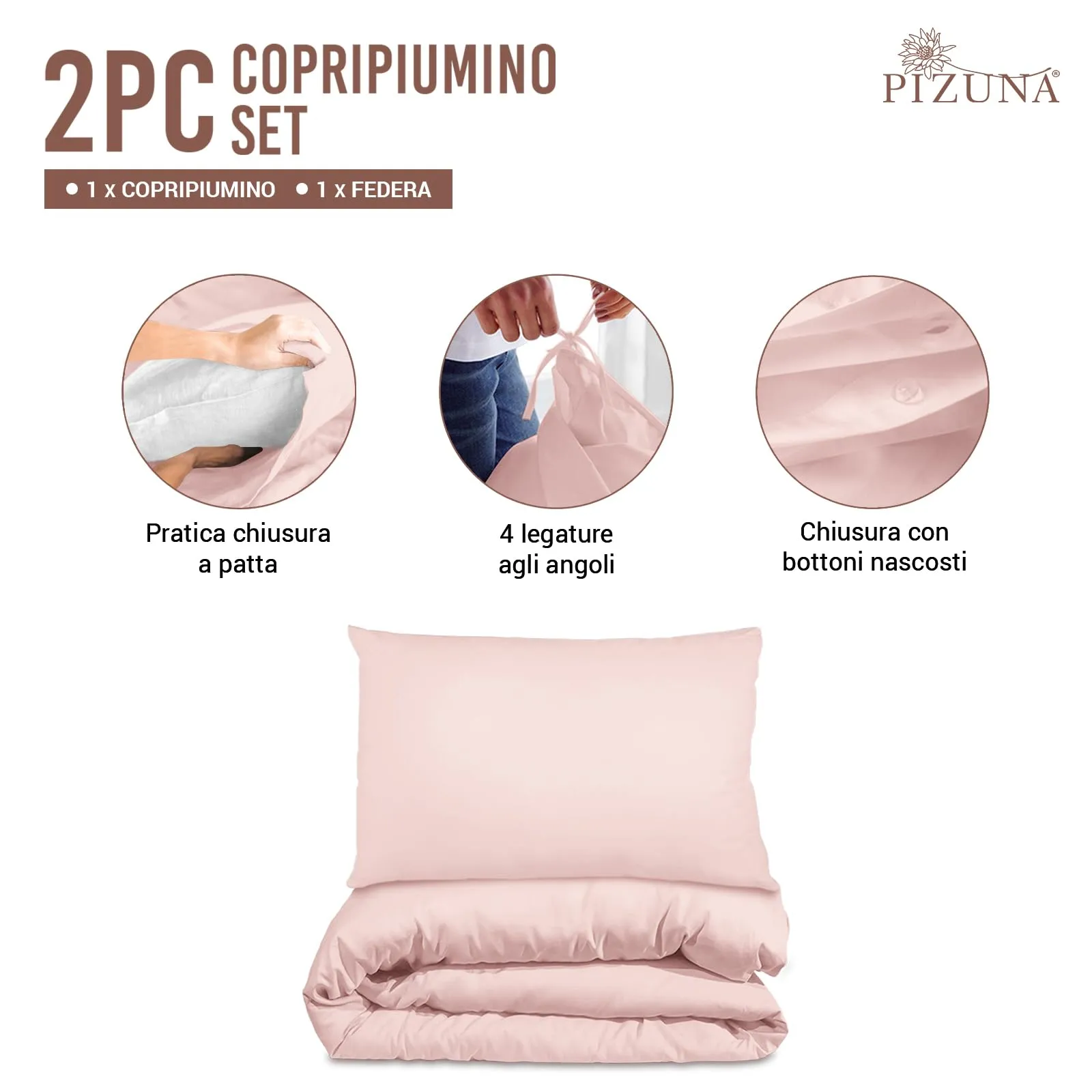 Pizuna Linens Set Copripiumino Singolo in Cotone 400 Fili, 150x200 cm, Rosa, 2 Pezzi - immagine 3