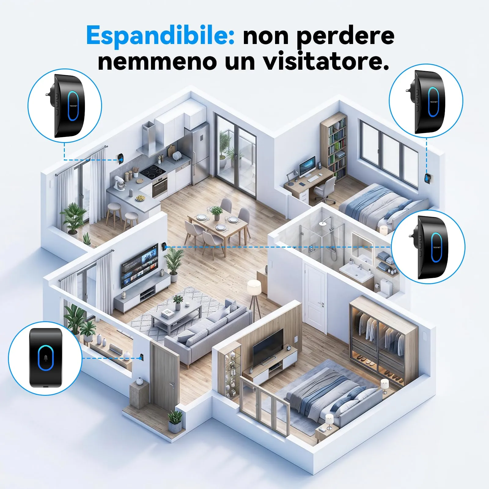 TECKNET Campanello Senza Fili TK-WD004, Portata 400m, 60 Melodie, 5 Livelli di Volume, 1 Trasmettitore + 2 Ricevitori, Nero - immagine 7